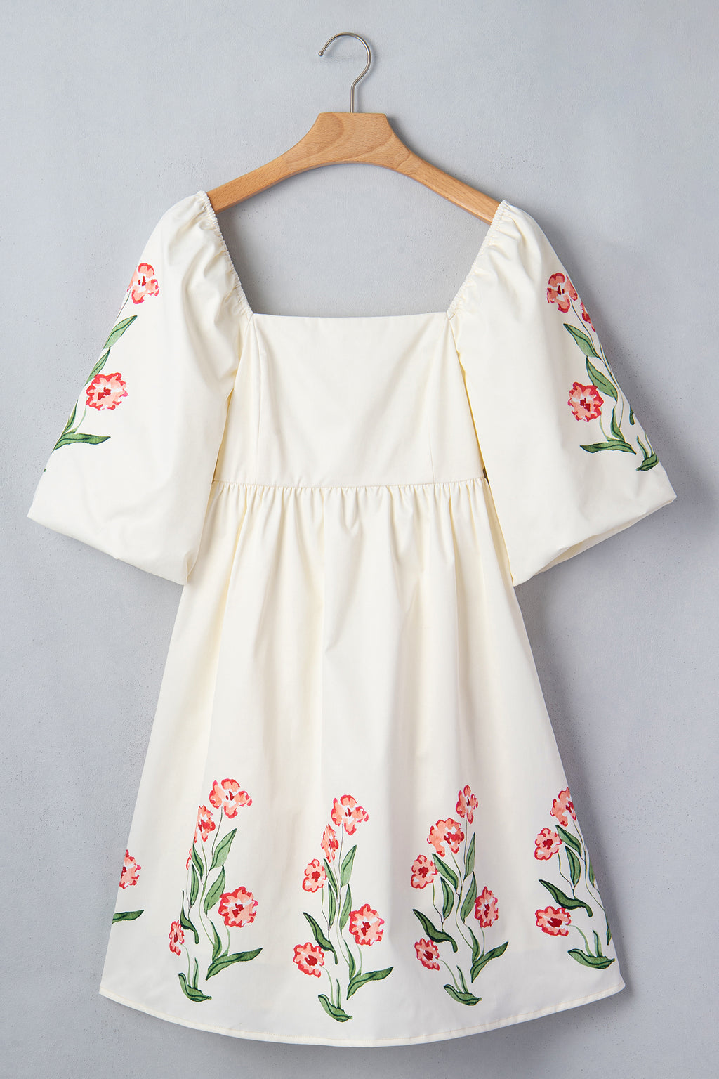 Beige Floral Print Puff Sleeve Babydoll Dress