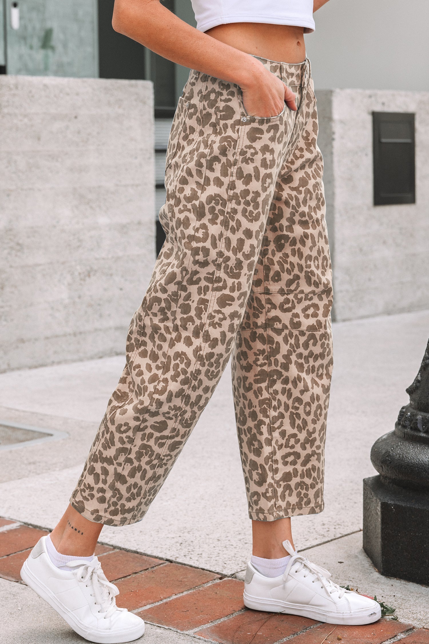 Sky Blue Leopard Print Barrel Leg Jeans