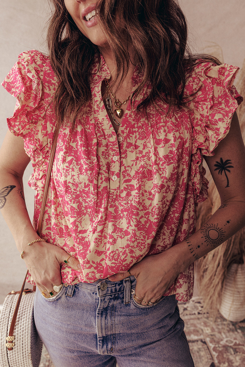 Rose Allover Printed Half Button Neck Ruffle Sleeve Blouse