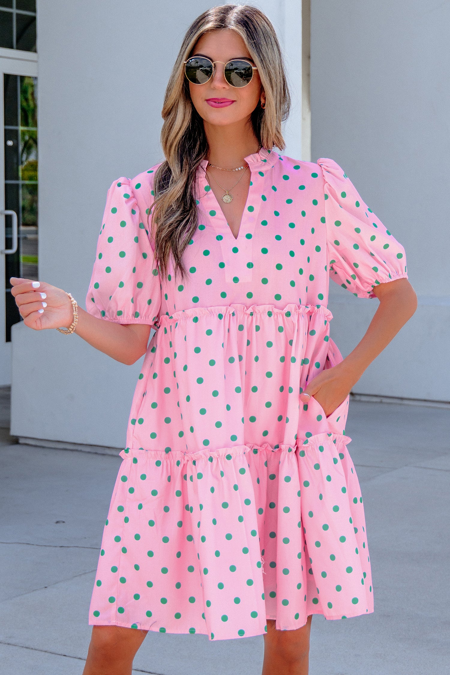 Pink Polka Dot Print V Neck Short Sleeve Tiered Mini Dress