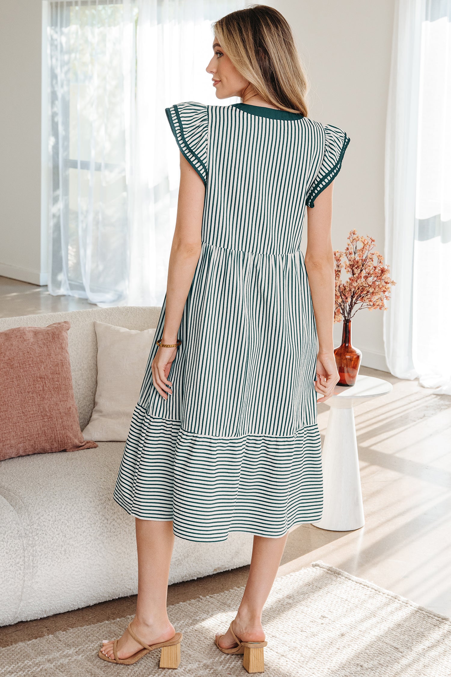 Black Stripe Double Ruffled Short Sleeve Contrast Trim V Neck Midi Dress