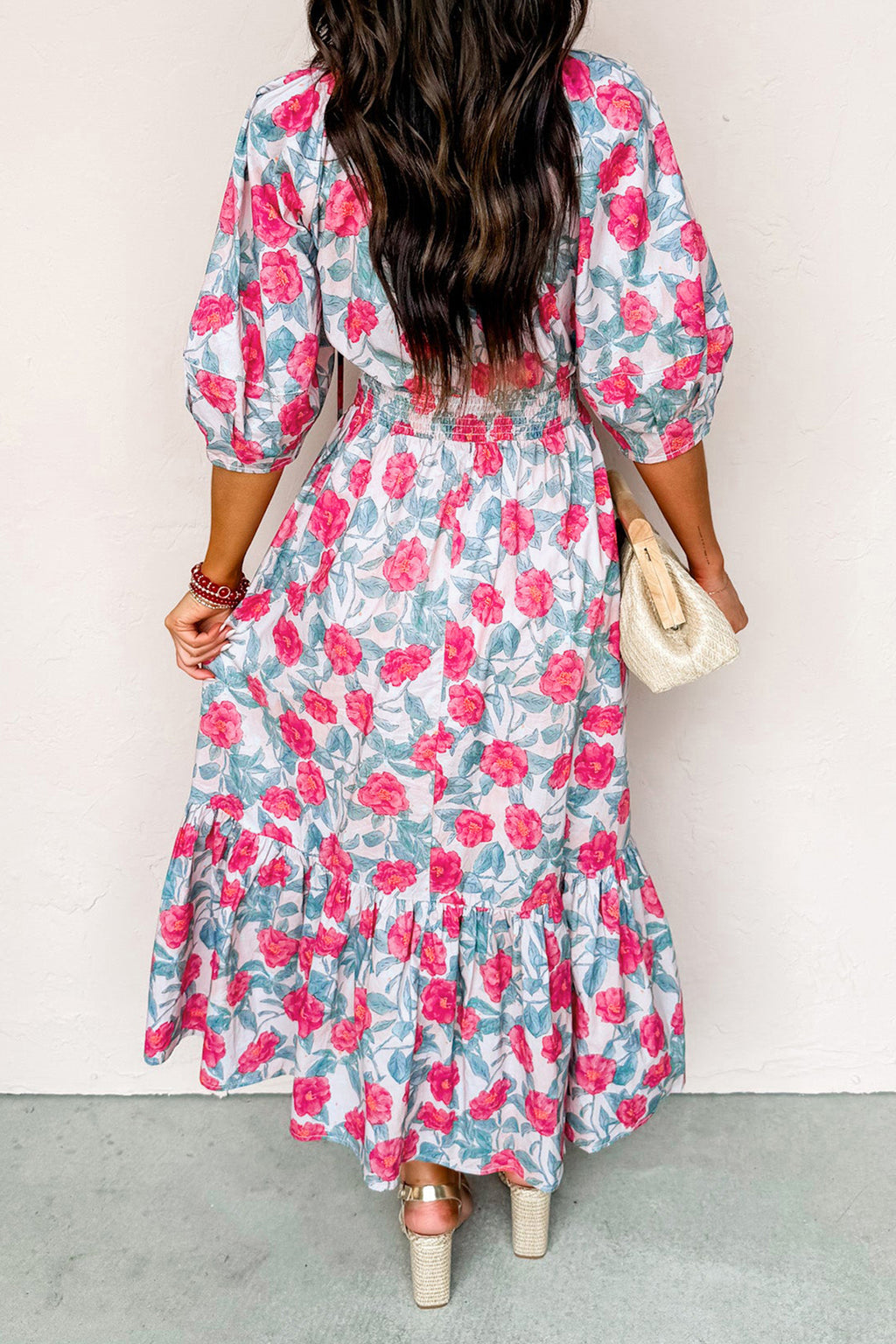 Red Elegant Floral Puff Sleeve Midi Dress