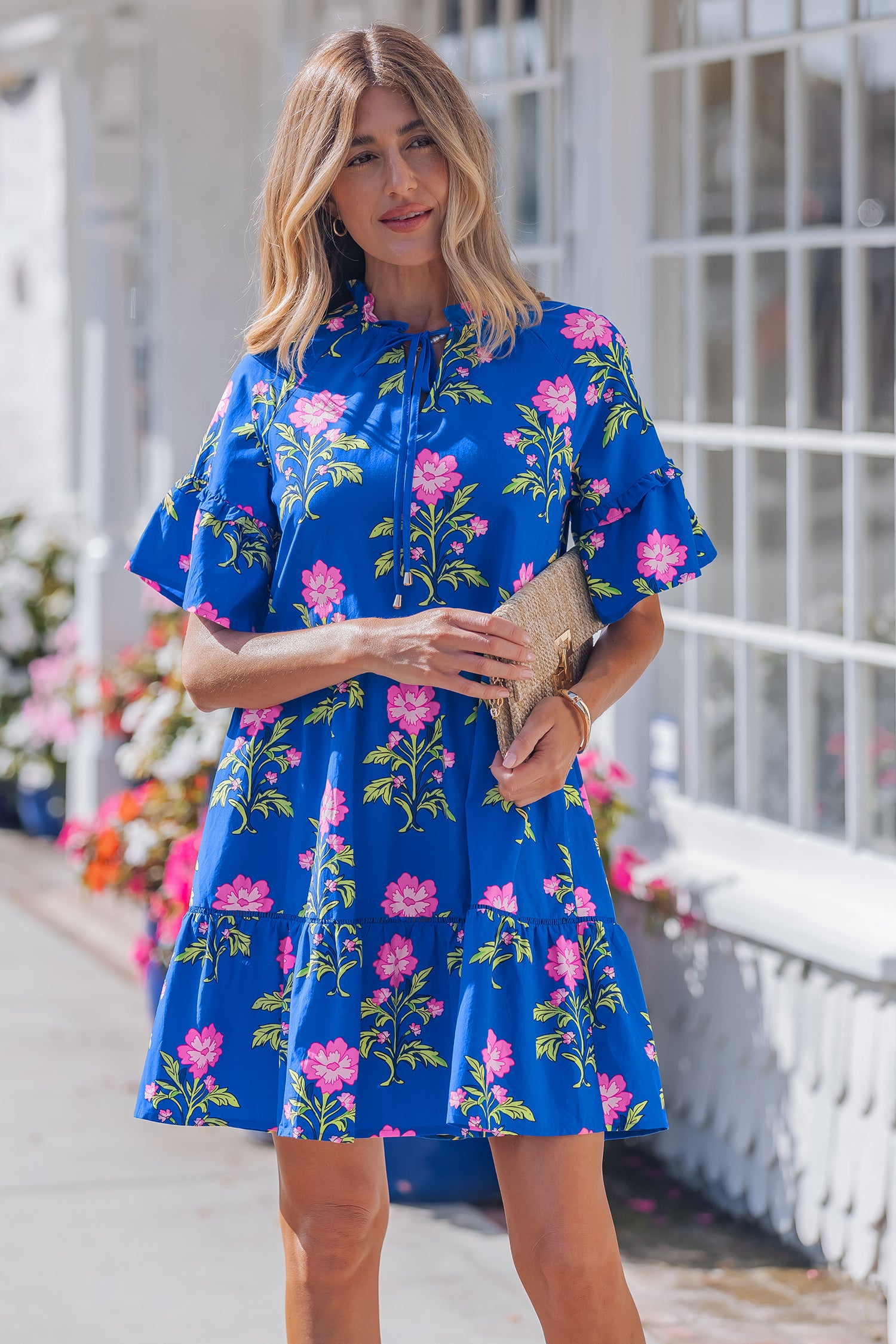 Blue V Neck Short Sleeve Loose Flower Dress