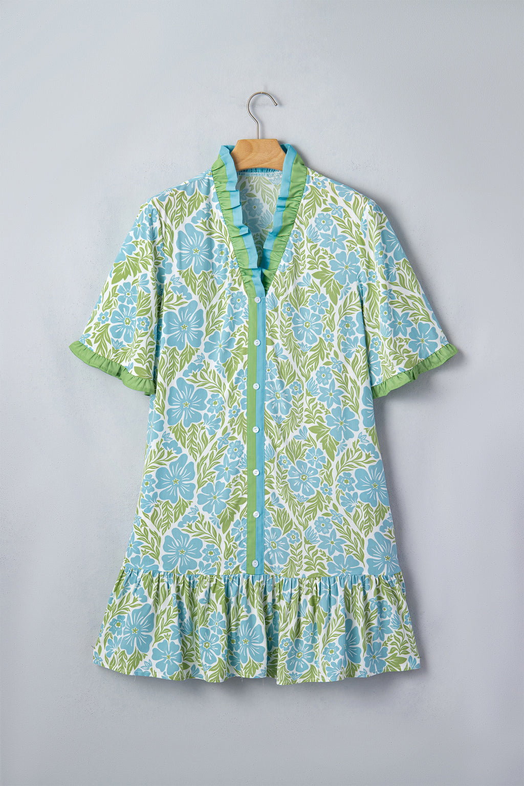 Sky Blue Botanical Floral Print Frilled Trim V Neck Button Front Loose Dress