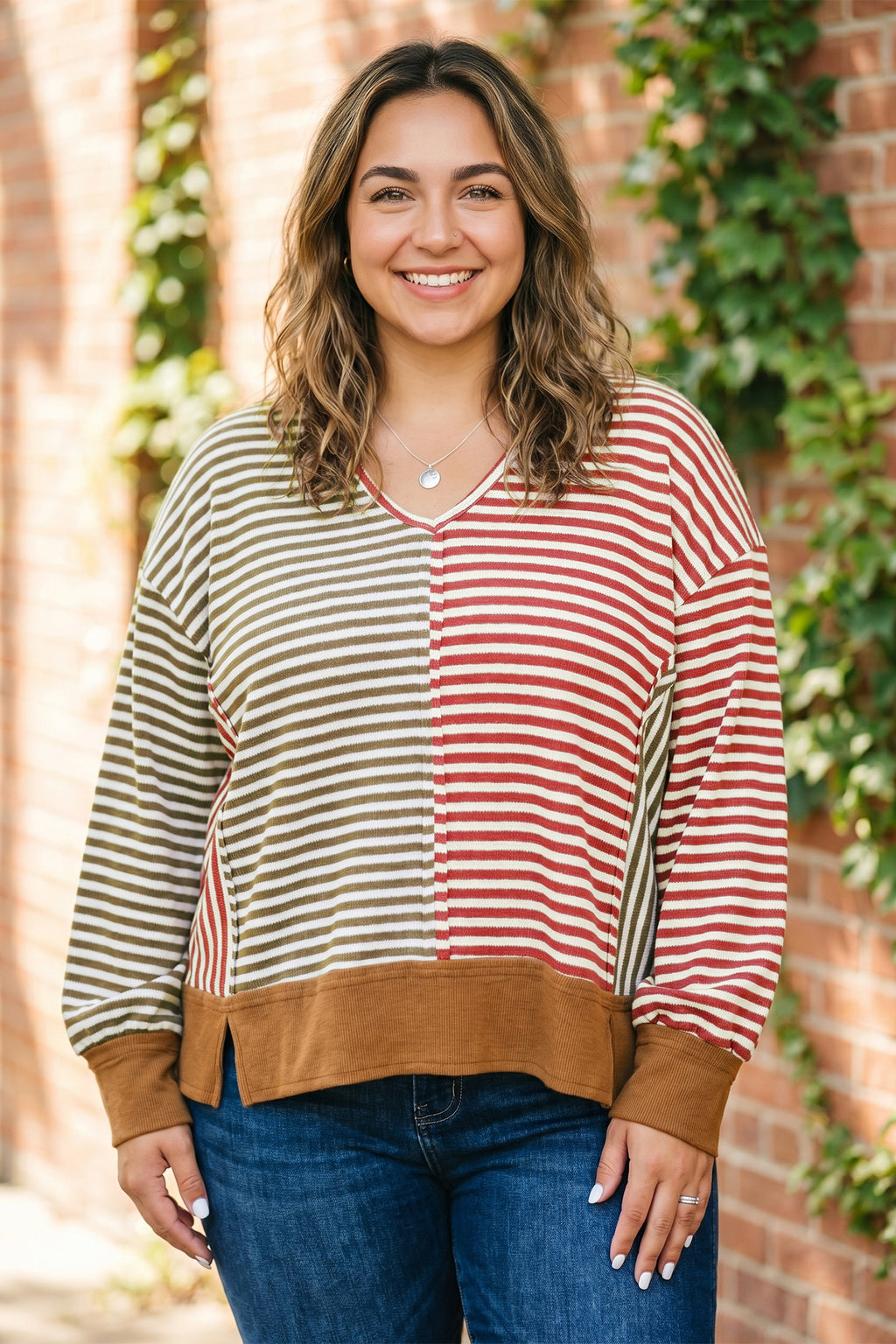 Brown Stripe Striped Colorblock V Neck Oversized Long Sleeve Plus Size Blouse