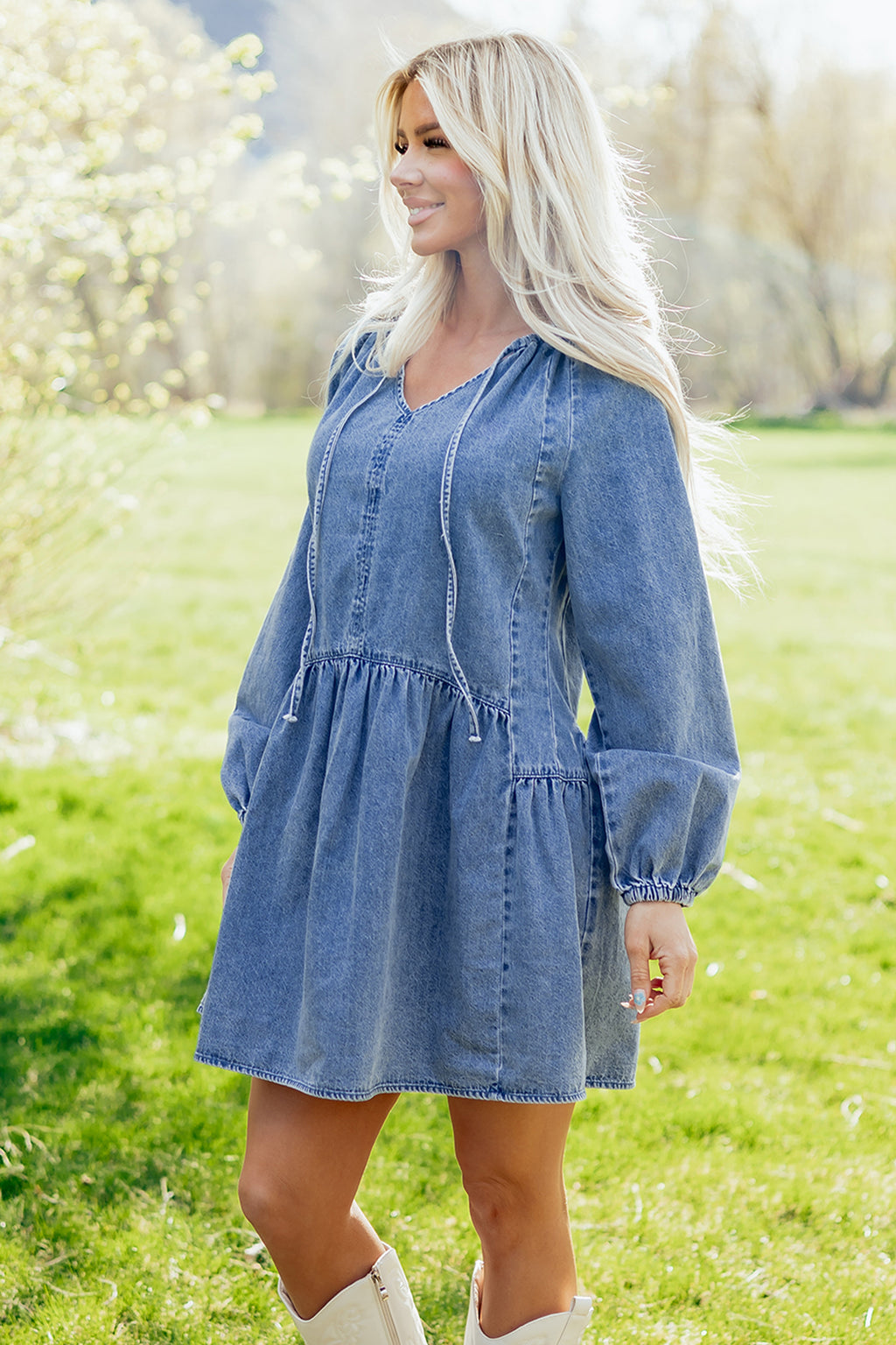 Myosotis Puff Sleeve V Neck Ruffled Loose Denim Mini Dress