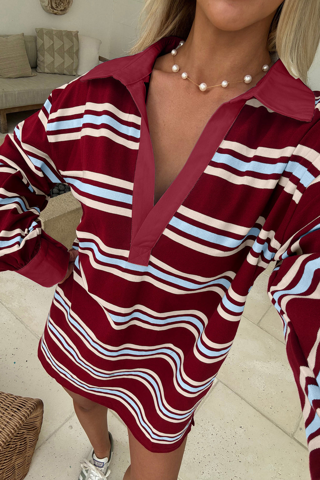 Red Stripe Retro Polo Collar Long Sleeve T Shirt Shift Mini Dress