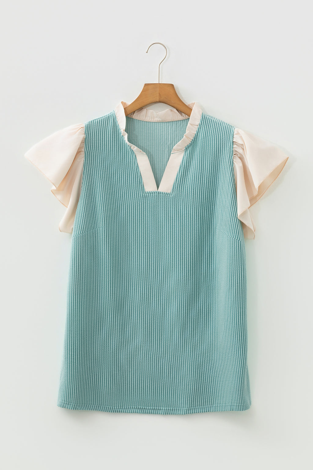 Fushia Plus Size Contrast Frilled Neckline Ruffled Short Sleeve Ribbed Textured Blouse