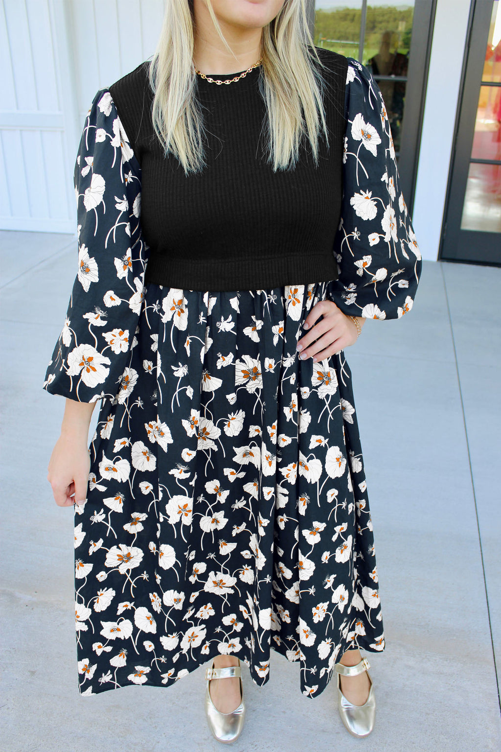 Black Floral Print Long Sleeve Round Neck Shift Plus Size Dress