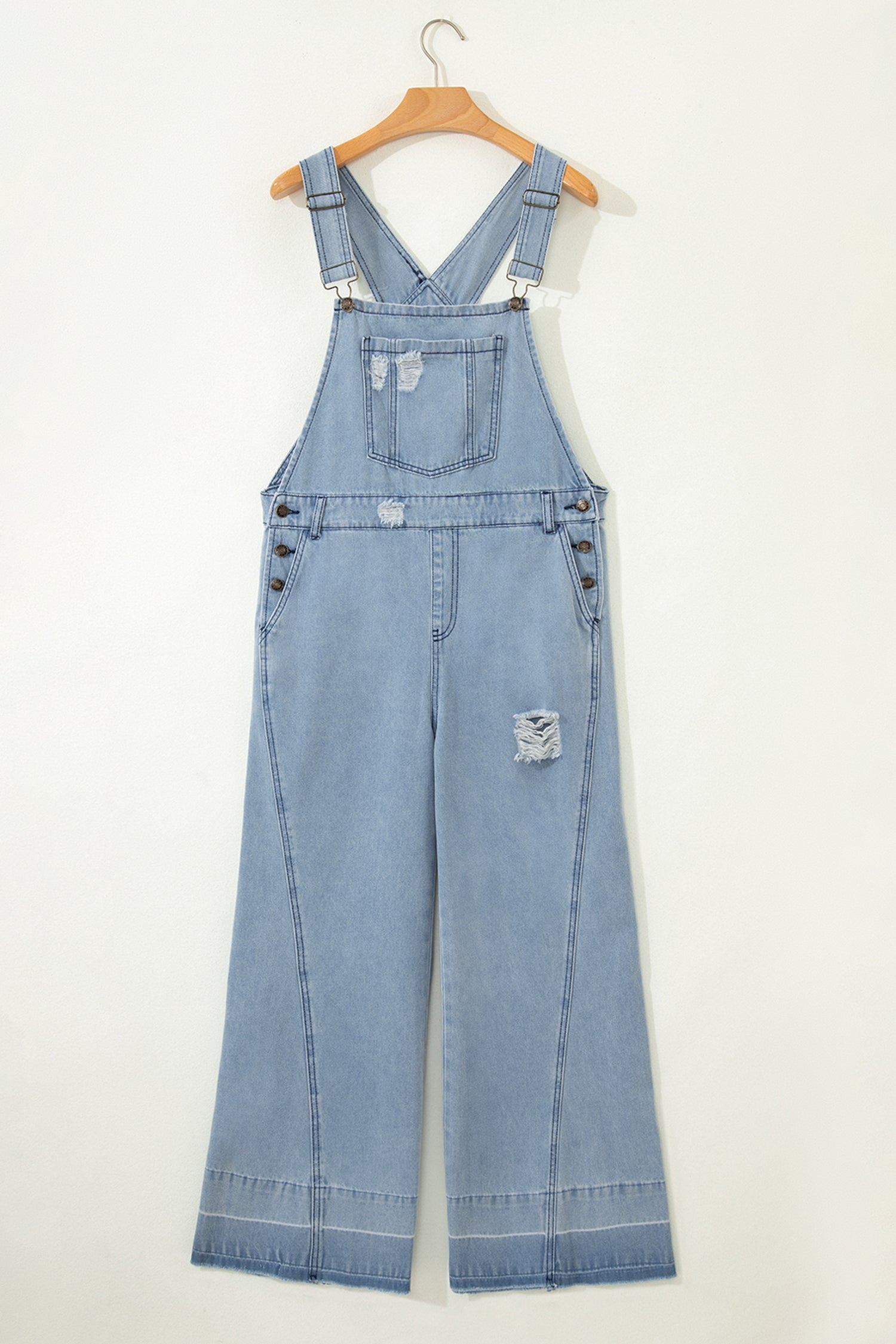 Mist Blue Retro Distressed Button Adjustable Straps Denim Overall Jumpsuit