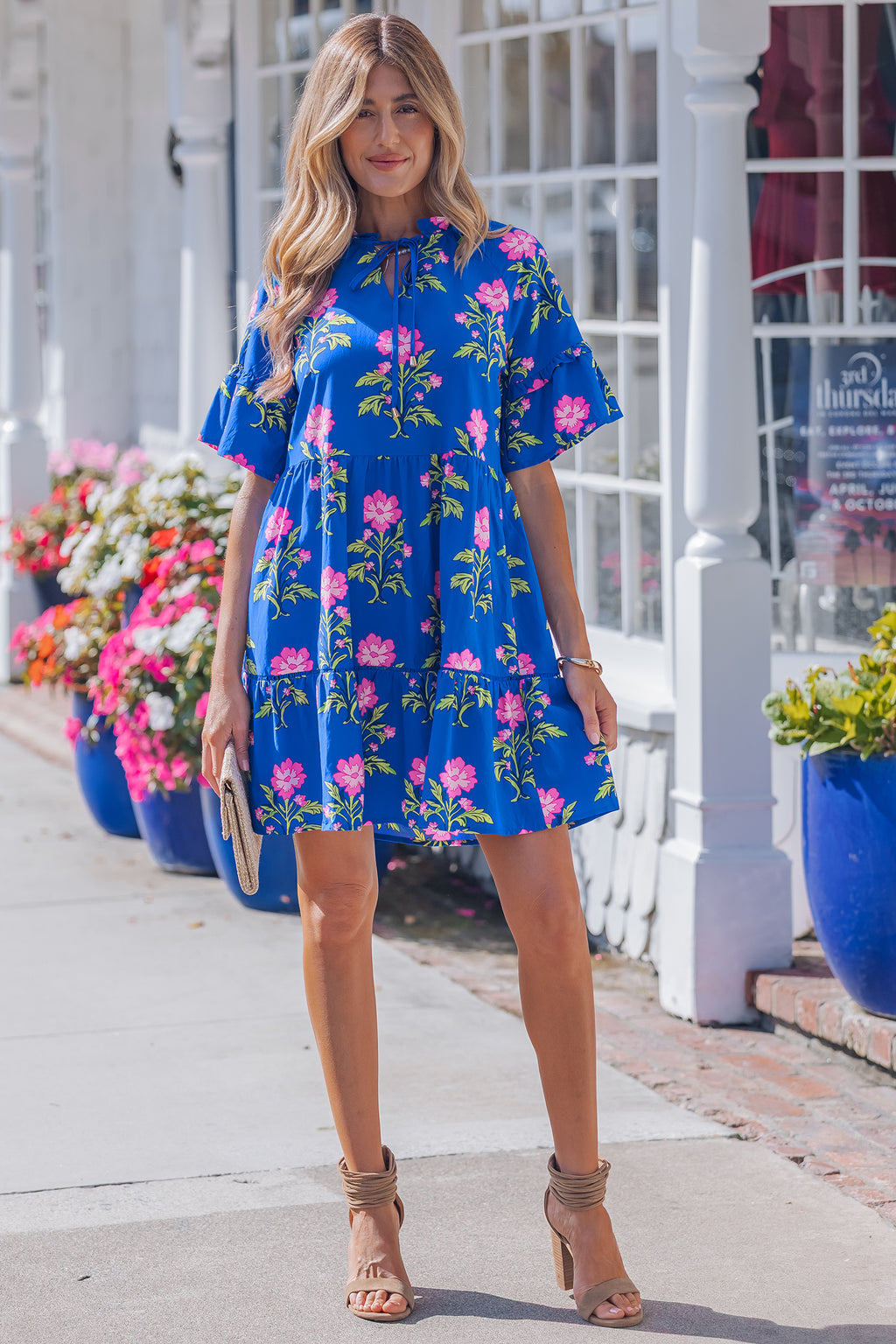 Blue V Neck Short Sleeve Loose Flower Dress