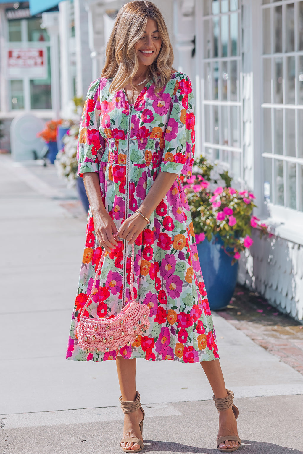 Rose Vibrant Floral Print V Neck Zip Up Puffy Half Sleeve Dress