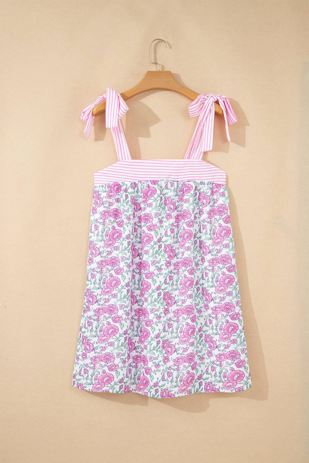Sky Blue Floral Print Striped Patchwork Bow Knot Straps Mini Dress