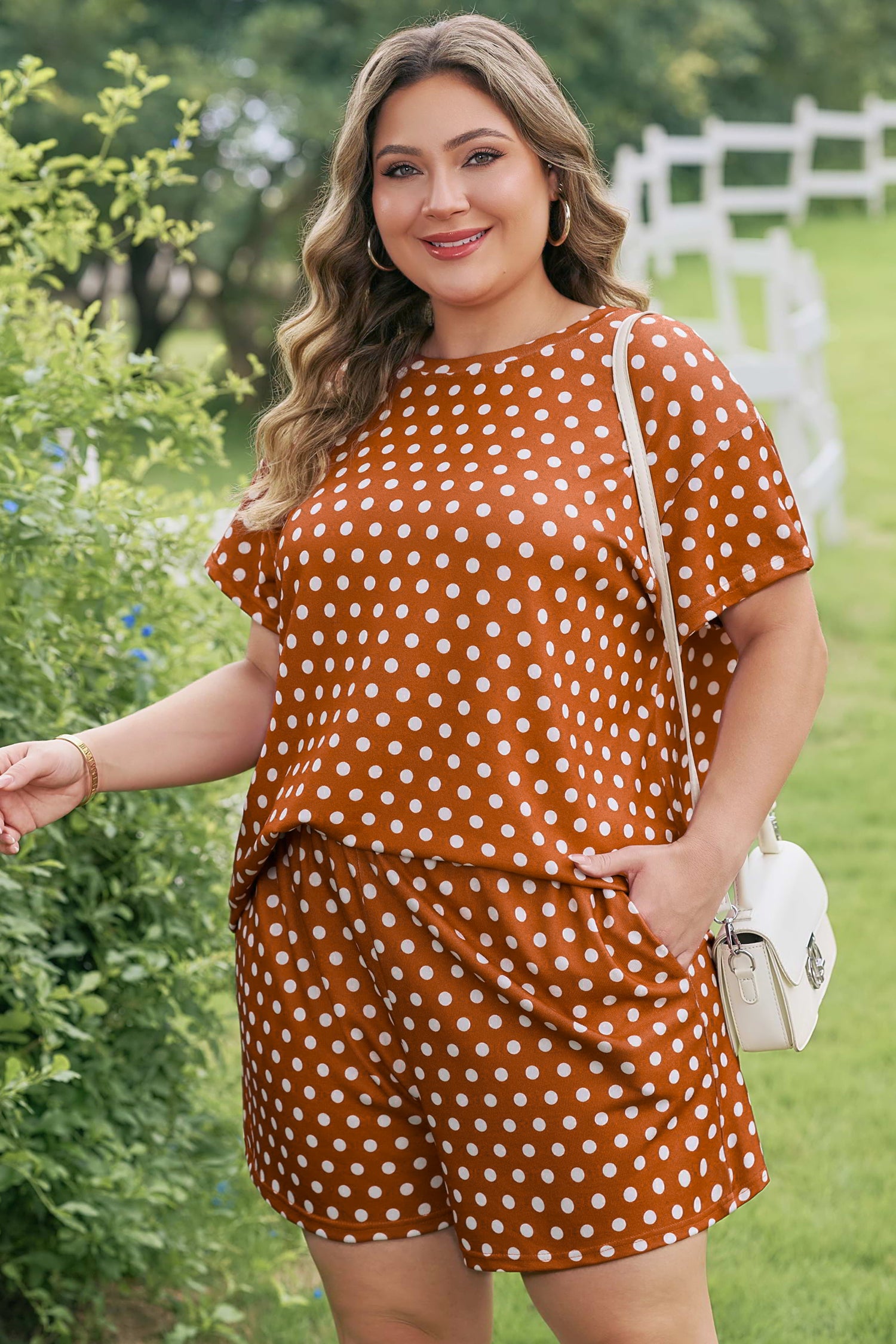 Brown Polka Dot Print Dropped Shoulder Tee Plus Size Short Set