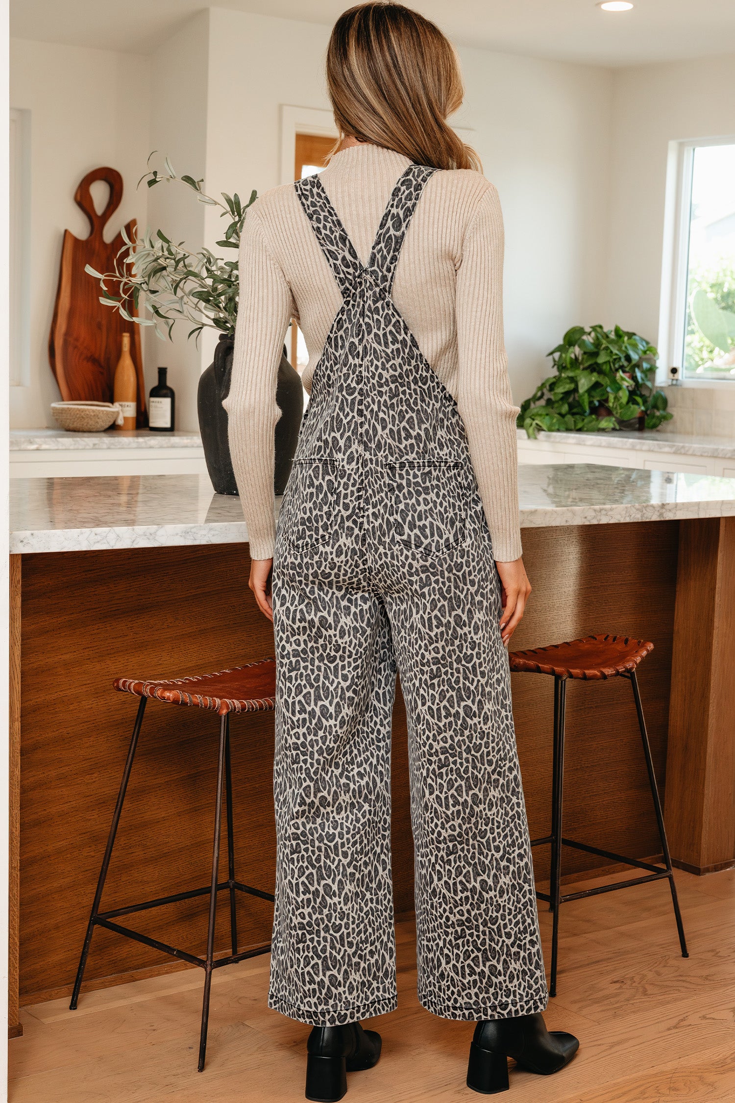Brown  Leopard Print Straight Leg Loose Denim Overall Jumpsuit