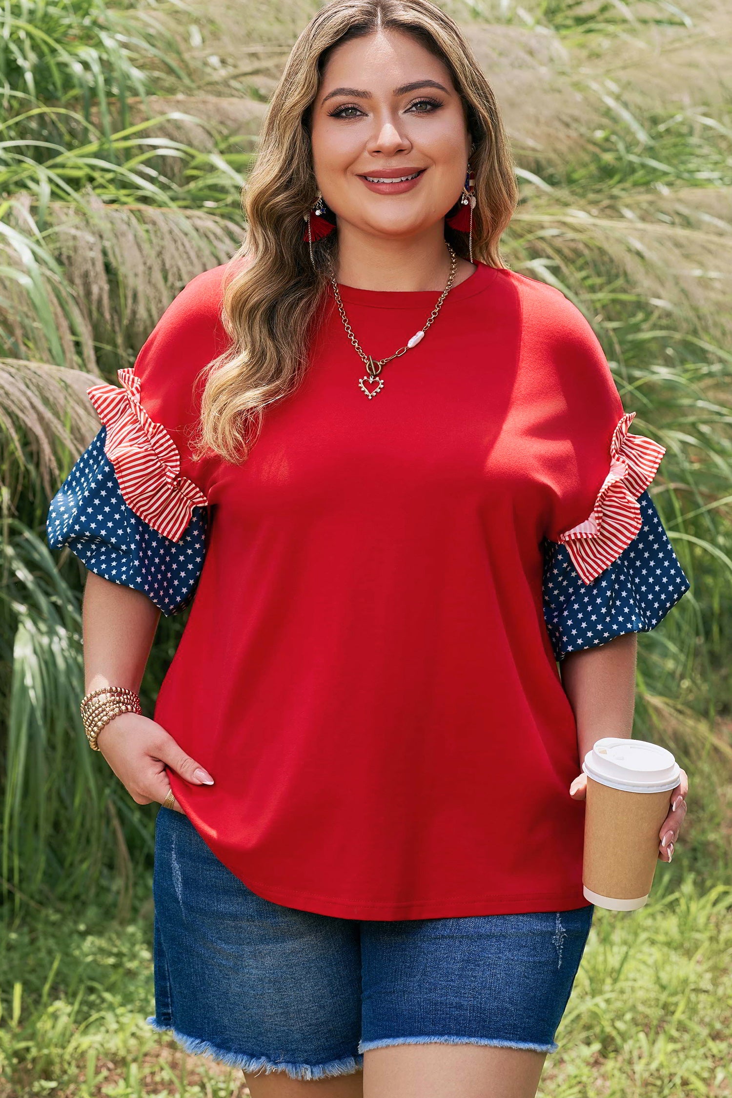Fiery Red Plus Size Striped Ruffles Star Short Bubble Sleeve Patchwork Top