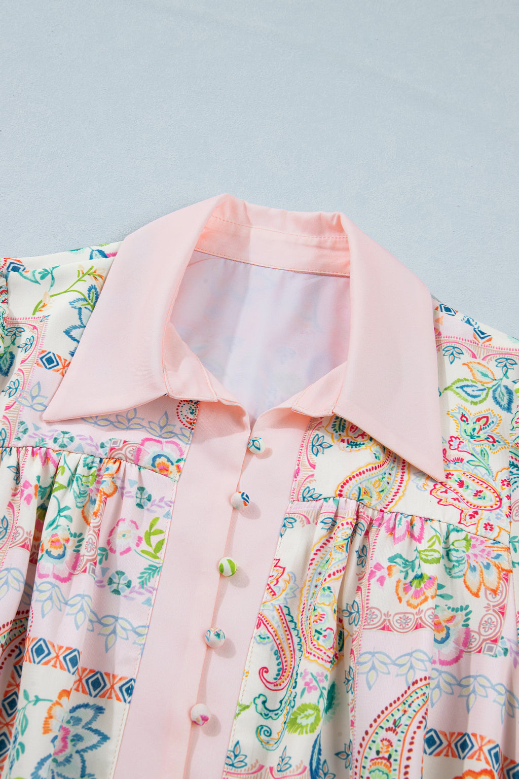 Pink Boho Floral Print Color Block Trim Half Button Belted Mini Dress