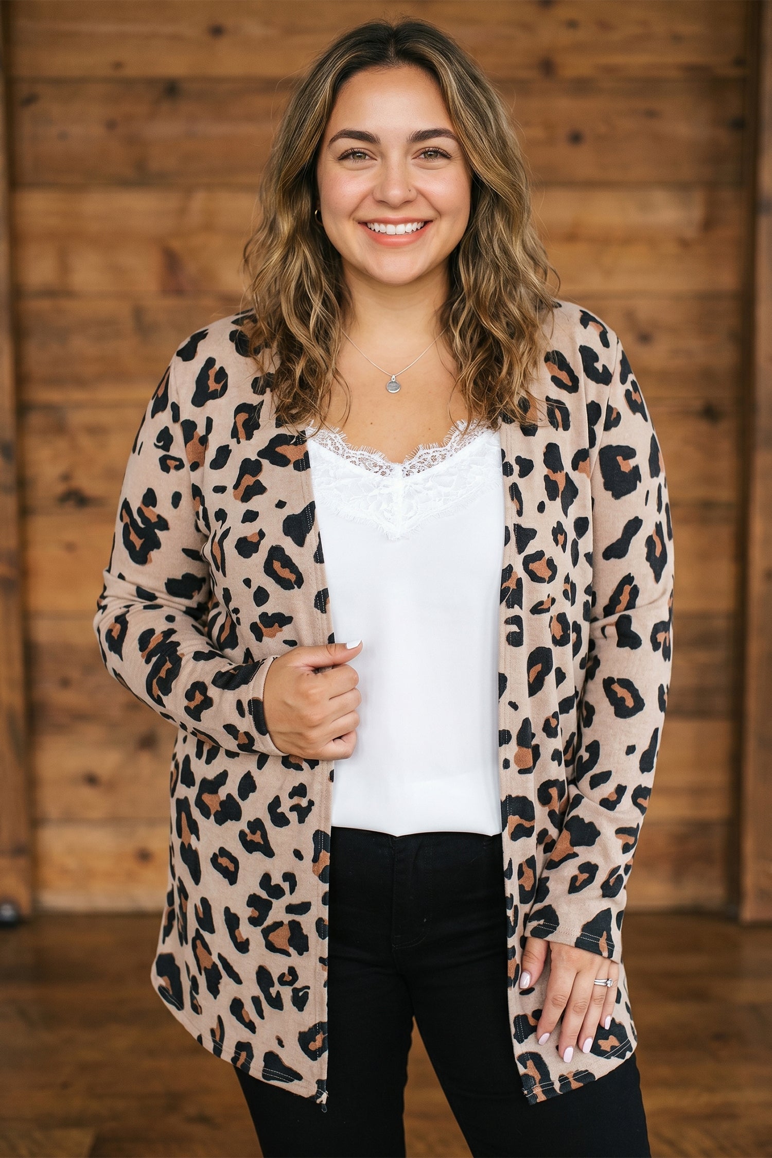 Khaki Leopard Print Long Sleeve V Neck Tunic Plus Size Cardigan