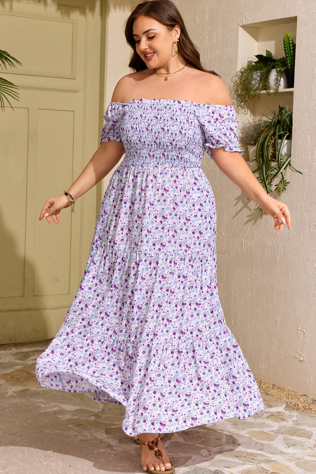 Purple Plus Size Floral Print Square Neck Smocked Maxi Dress