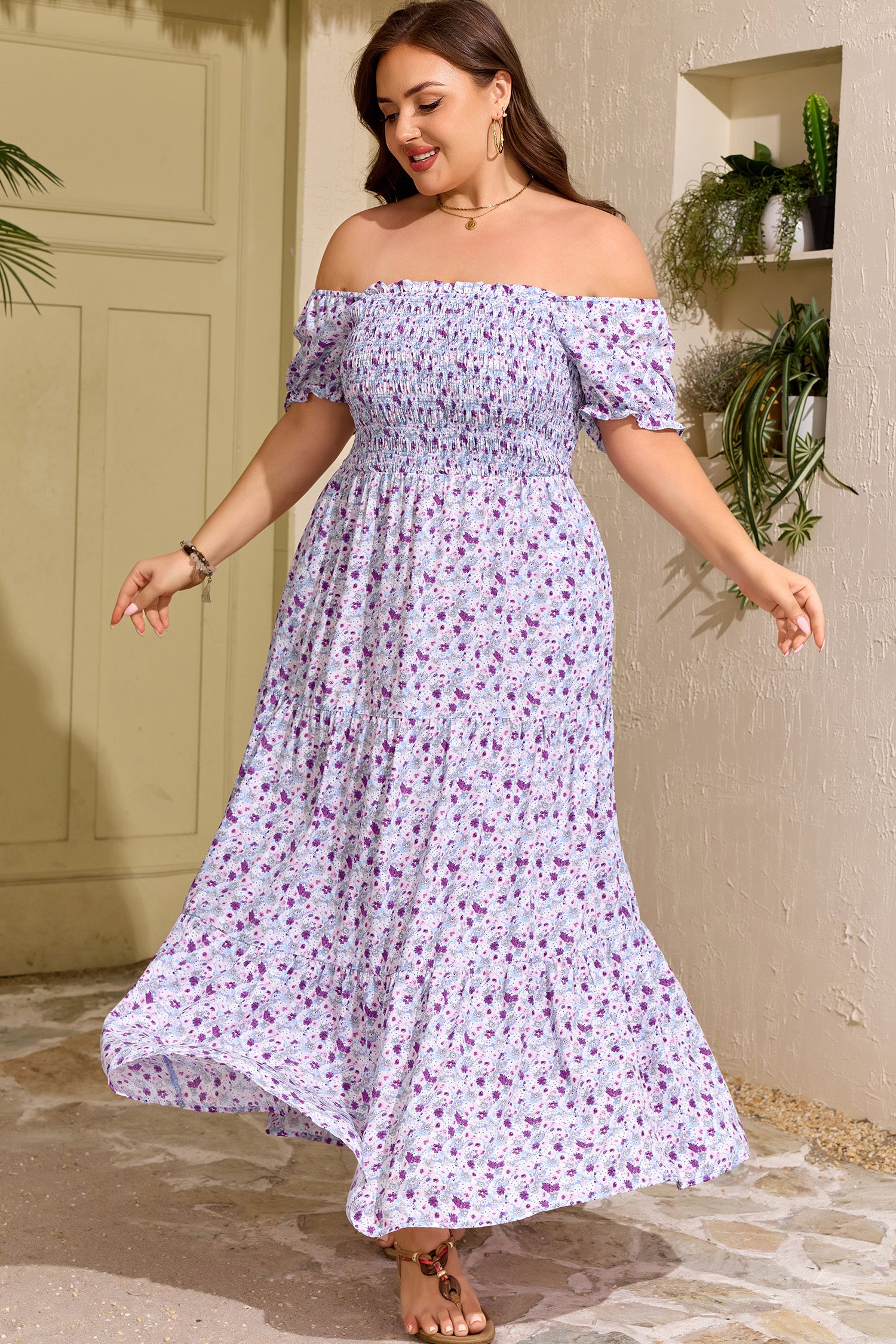 Purple Plus Size Floral Print Square Neck Smocked Maxi Dress