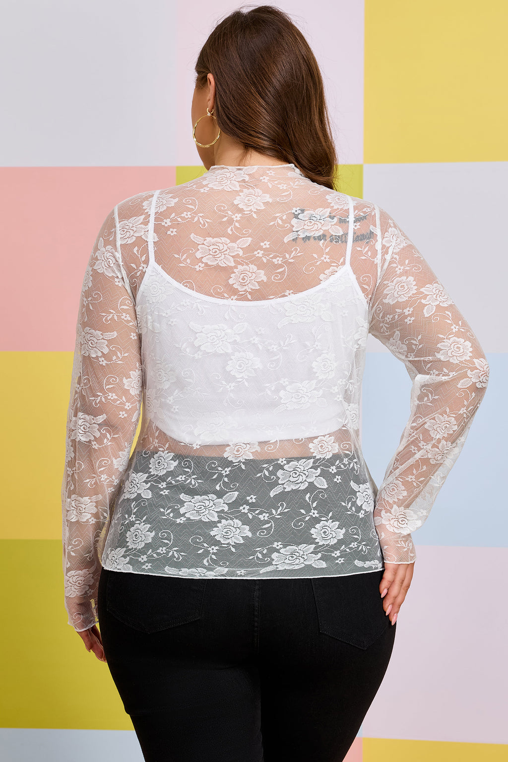 Black Plus Size Floral Mesh Long Sleeve Top