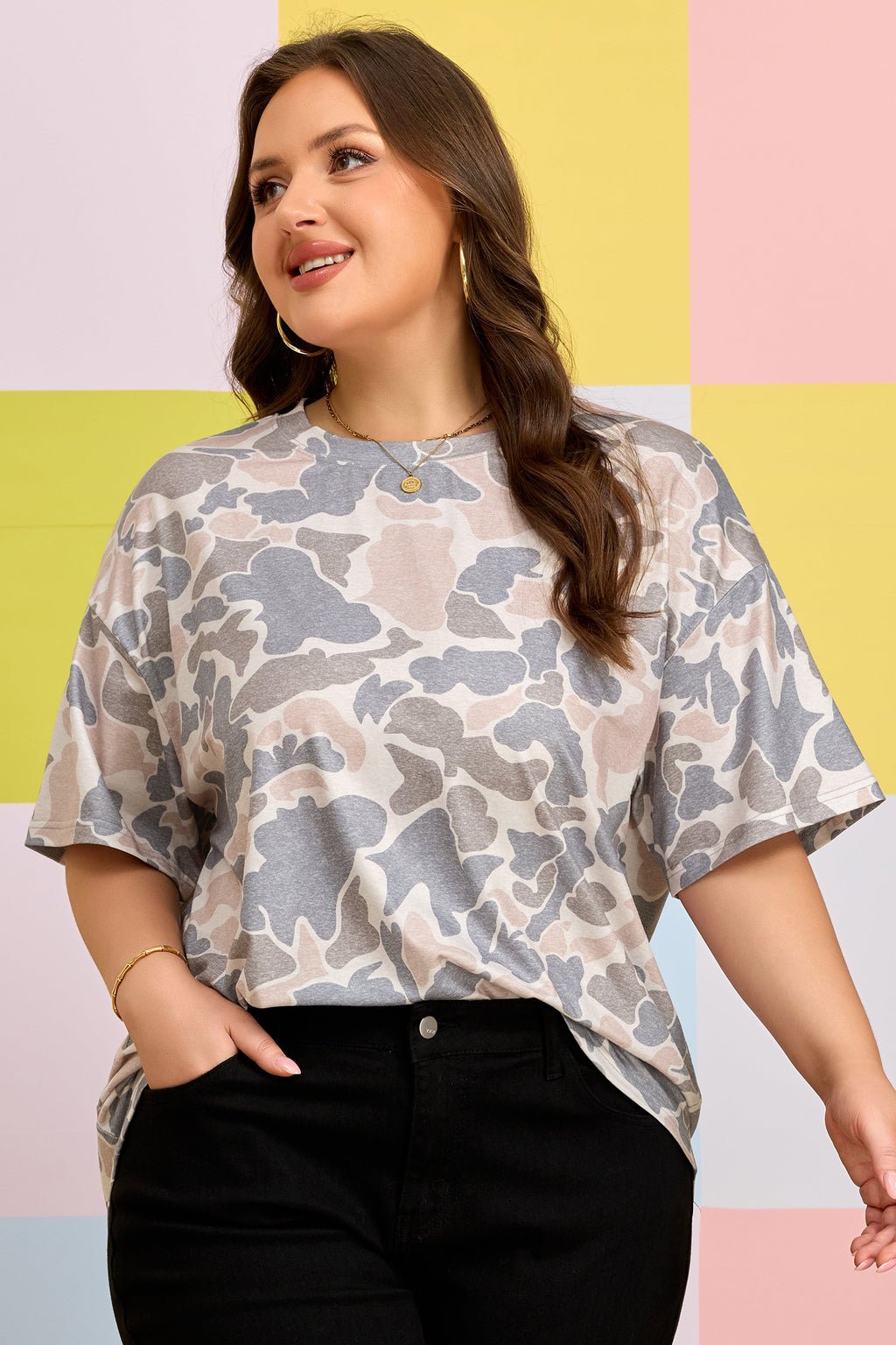 Multicolour Retro Camouflage Print Plus Size T Shirt