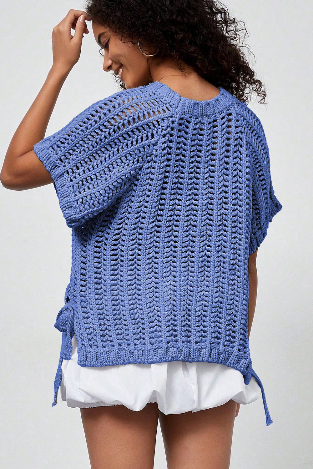 Pink Plus Size Open Knit Bow Tie Short Sleeve Sweater