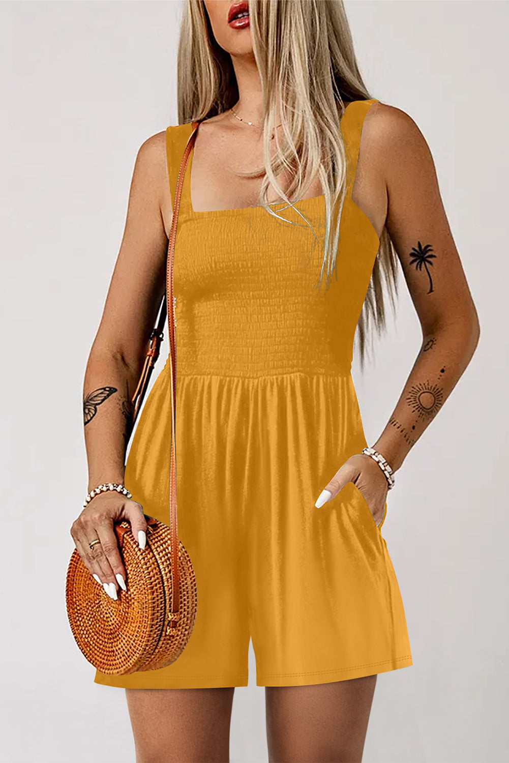 Green Casual Pocketed Smocked Sleeveless Romper