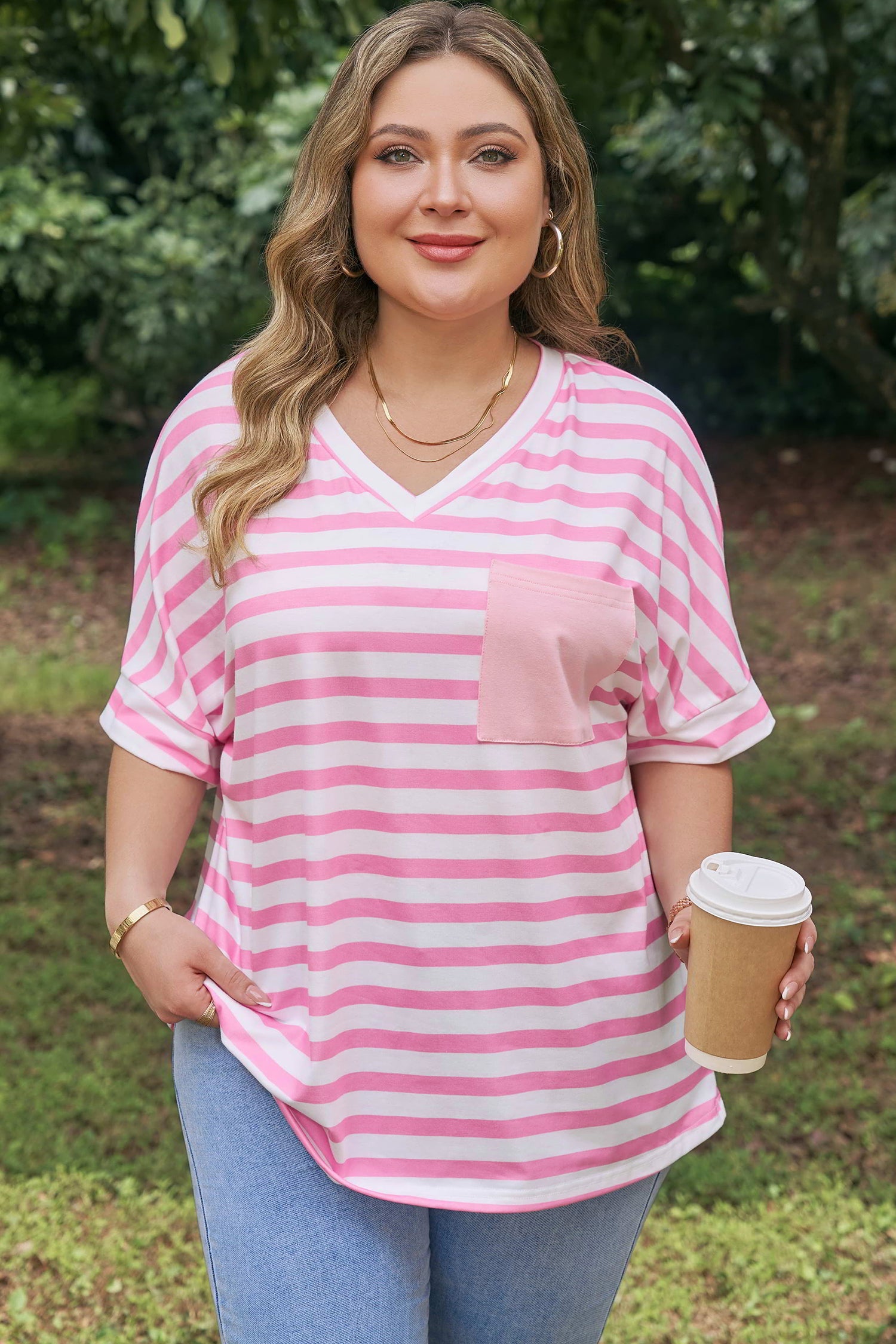 Pink Stripe Colorblock Patched Pocket V Neck Plus Size Tee