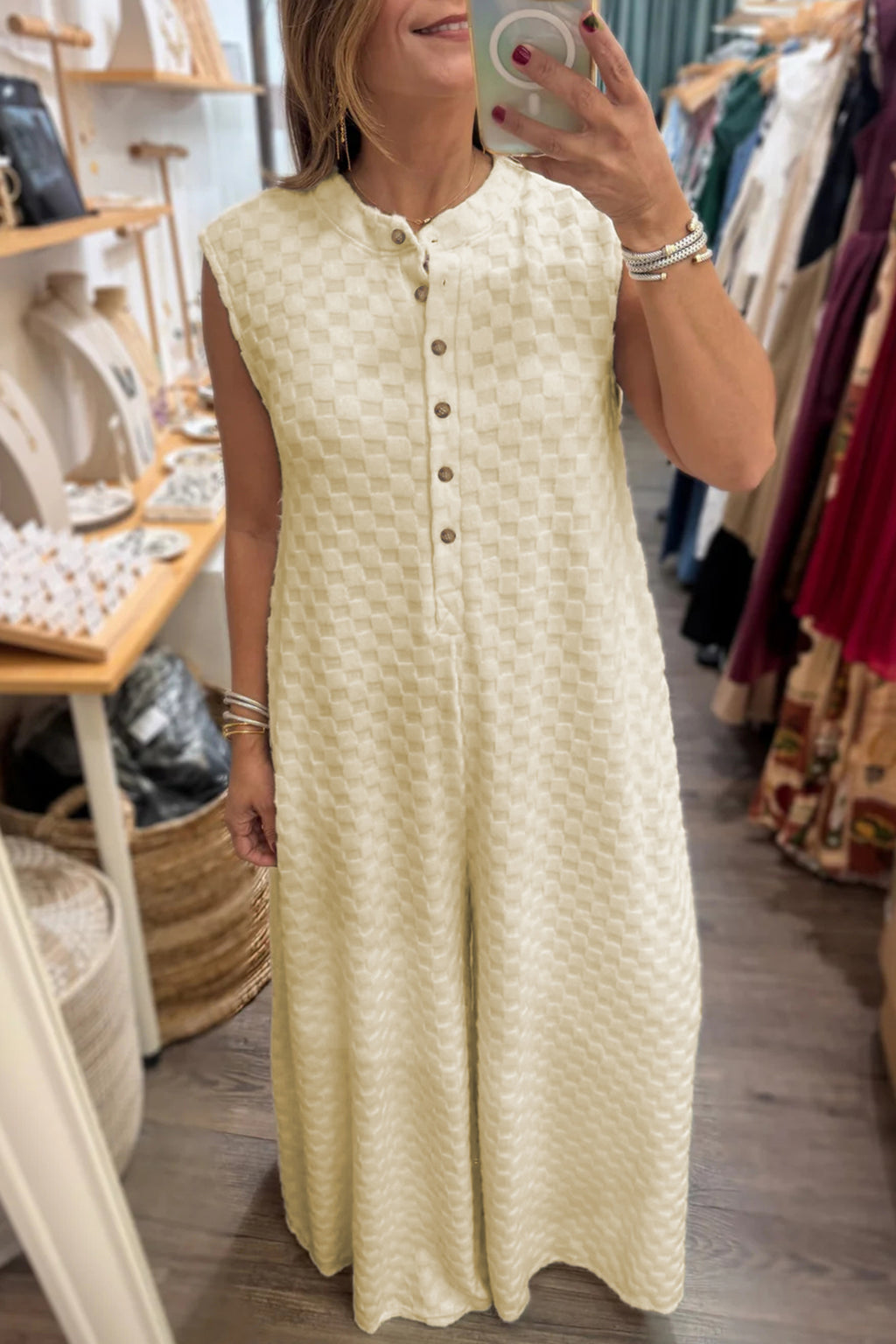 White Half Buttons Sleeveless Wide Leg Textured Jumpsuit