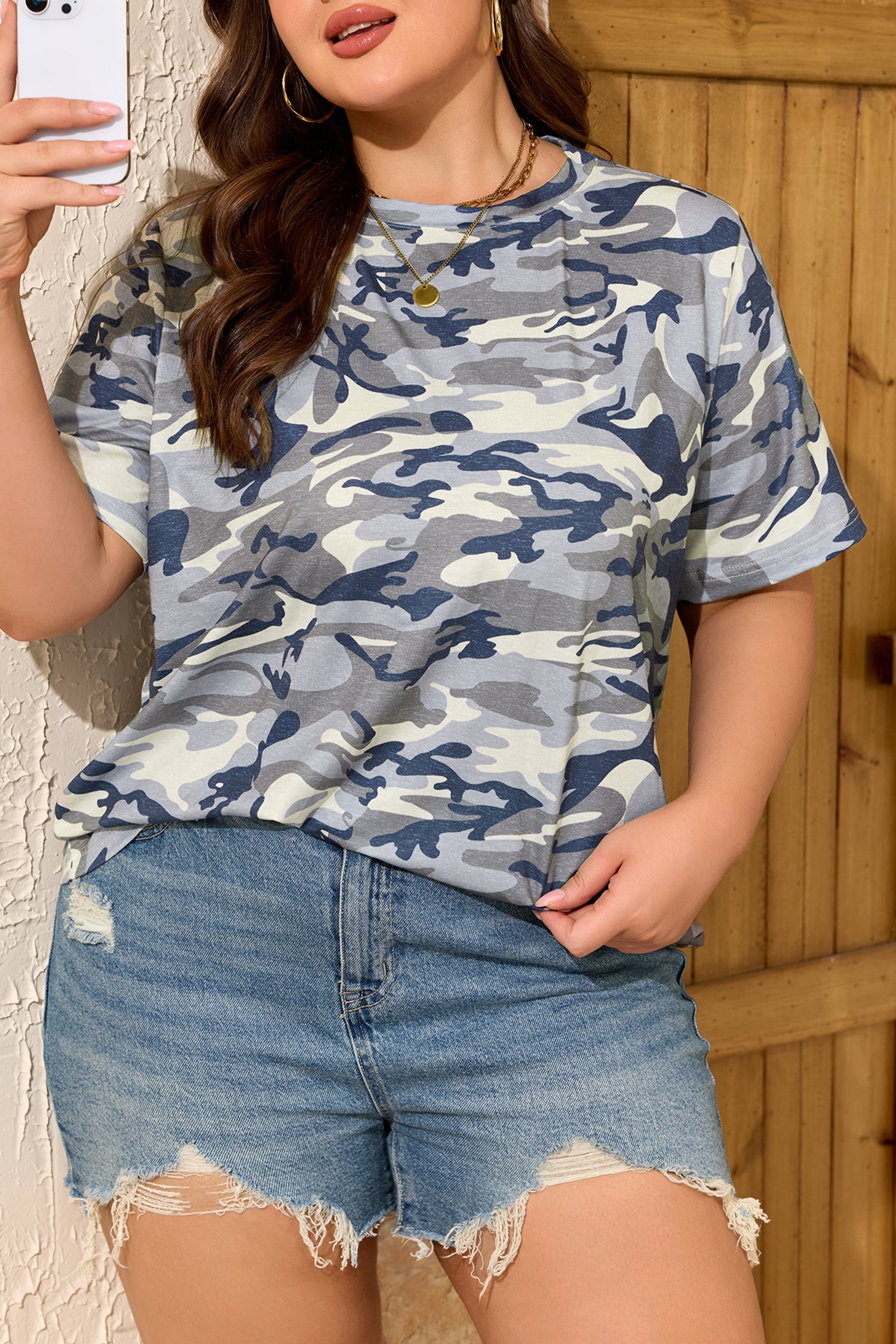 Green Plus Size Camo Print Crew Neck Short Sleeve Tee