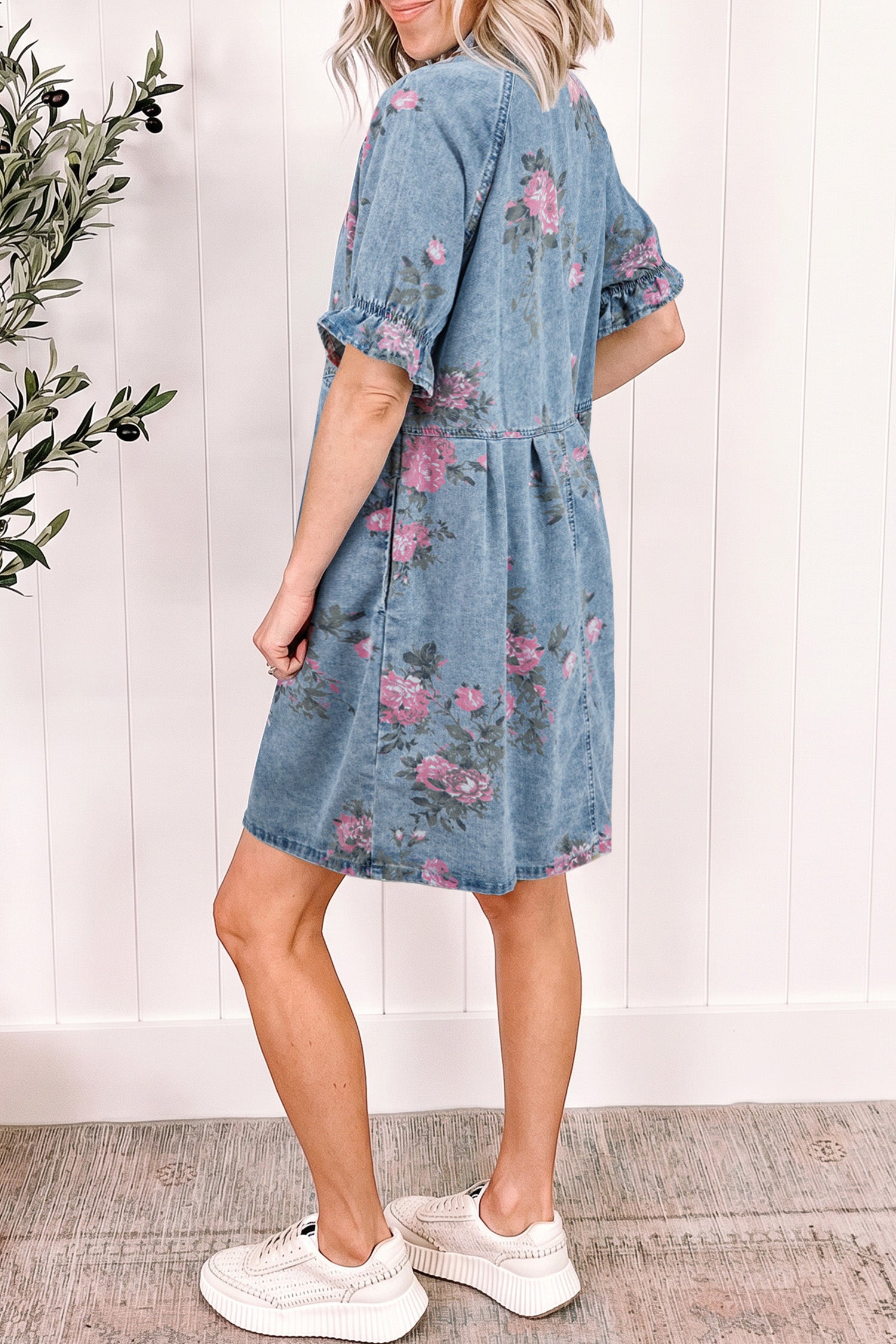 Sky Blue Floral Print Denim Short Sleeve Button Down Dress