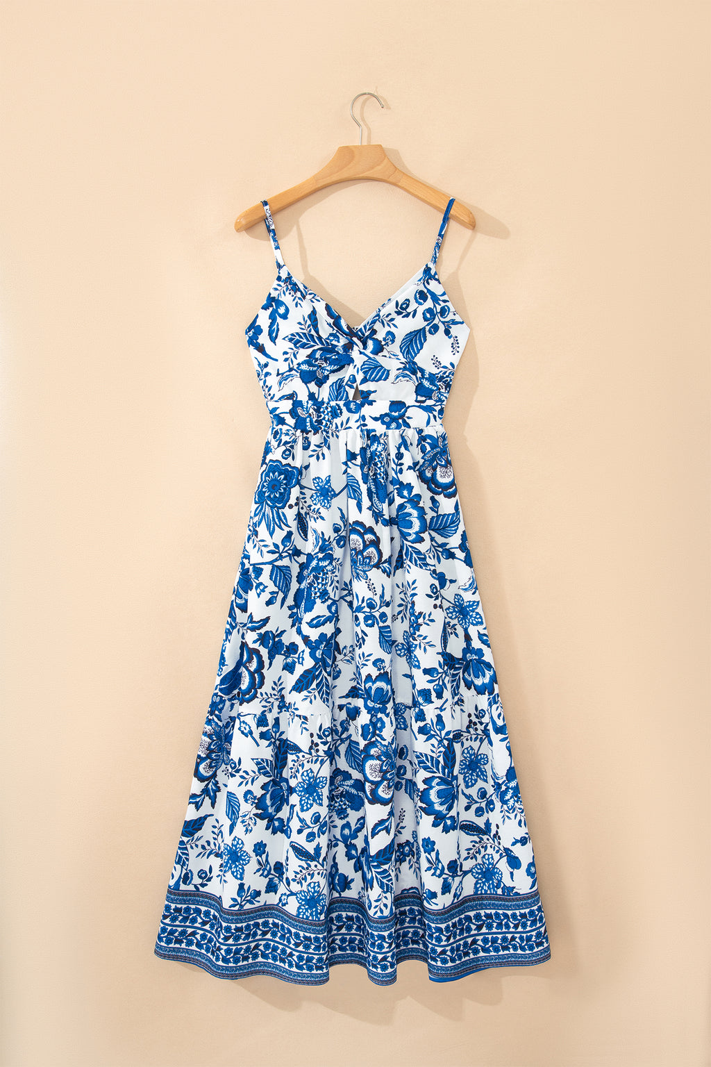 Sky Blue Twisted Bust Spaghetti Straps Backless Floral Maxi Dress