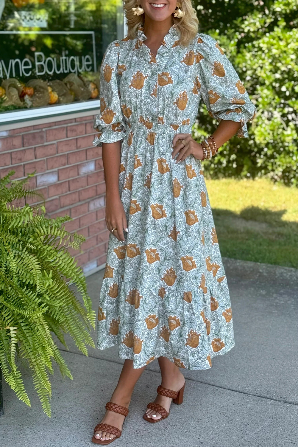 Sky Blue Floral Printed Frilled V Neck Bracelet Sleeve Long Dress