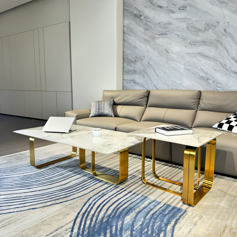 LuneluX_Home – Modern Sintered Stone Coffee Table Set with Gold Frame (2 pcs)