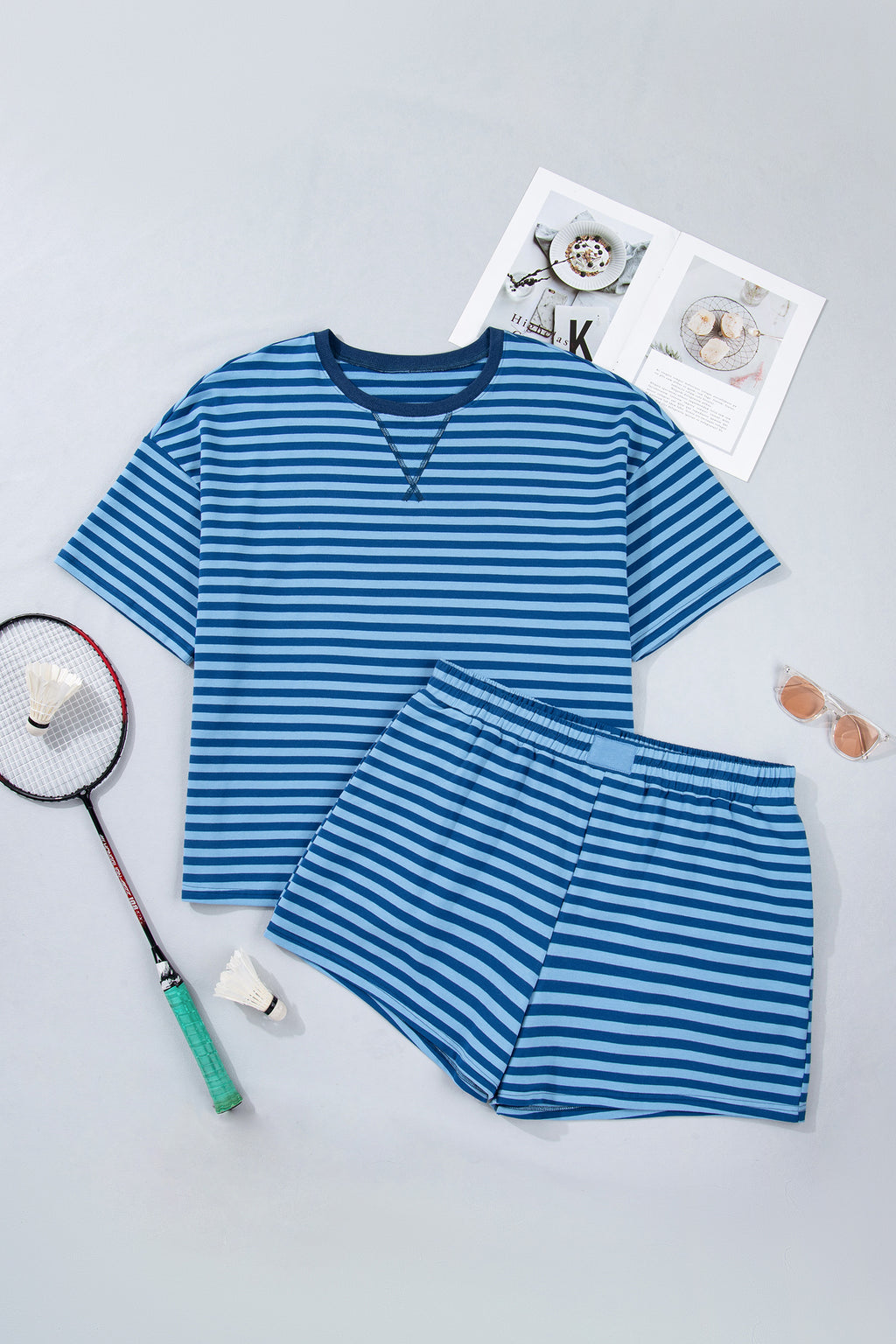 Blue Stripe Plus Size Dropped Shoulder Tee and Shorts Two-Piece Set
