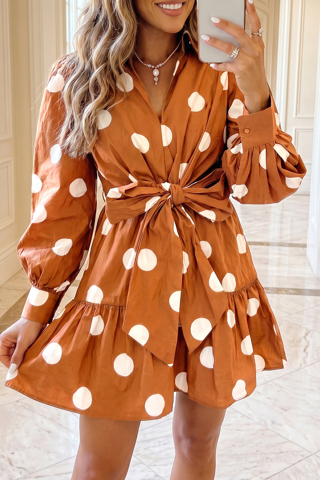 Brown Polka Dot Long Sleeve Tie Waist Casual Shift Mini Dress