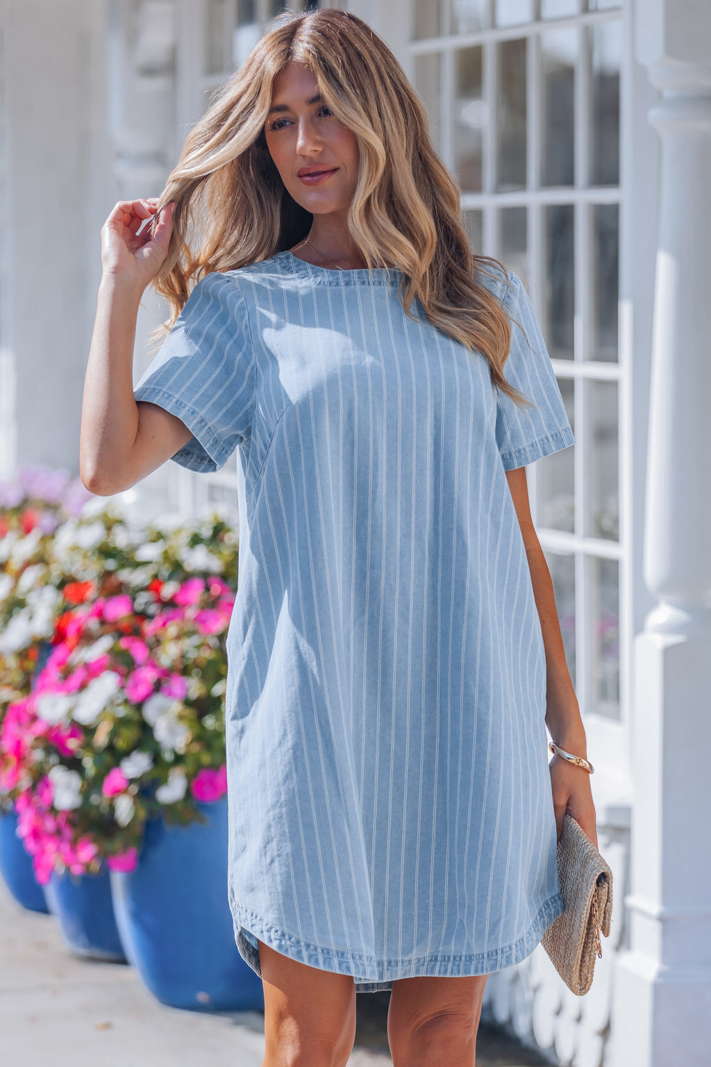 Sky Blue Stripe Buttoned Back T-Shirt Denim Mini Dress