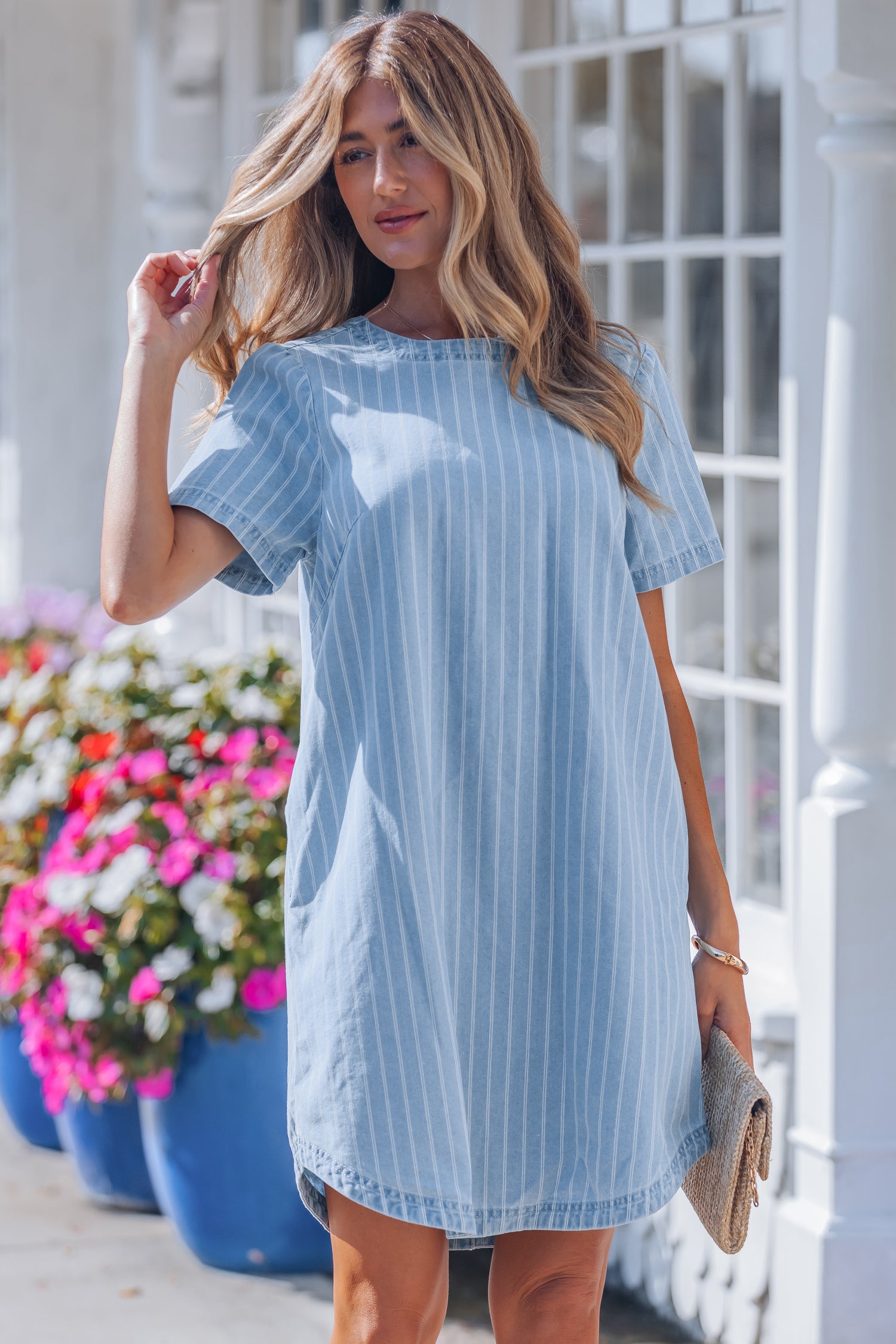 Sky Blue Stripe Buttoned Back T-Shirt Denim Mini Dress