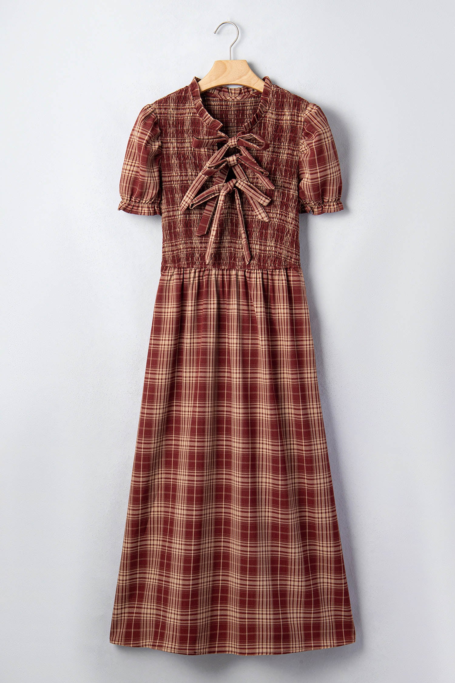 Red Vintage Plaid Knot Front Smocked High Waist Midi Dress