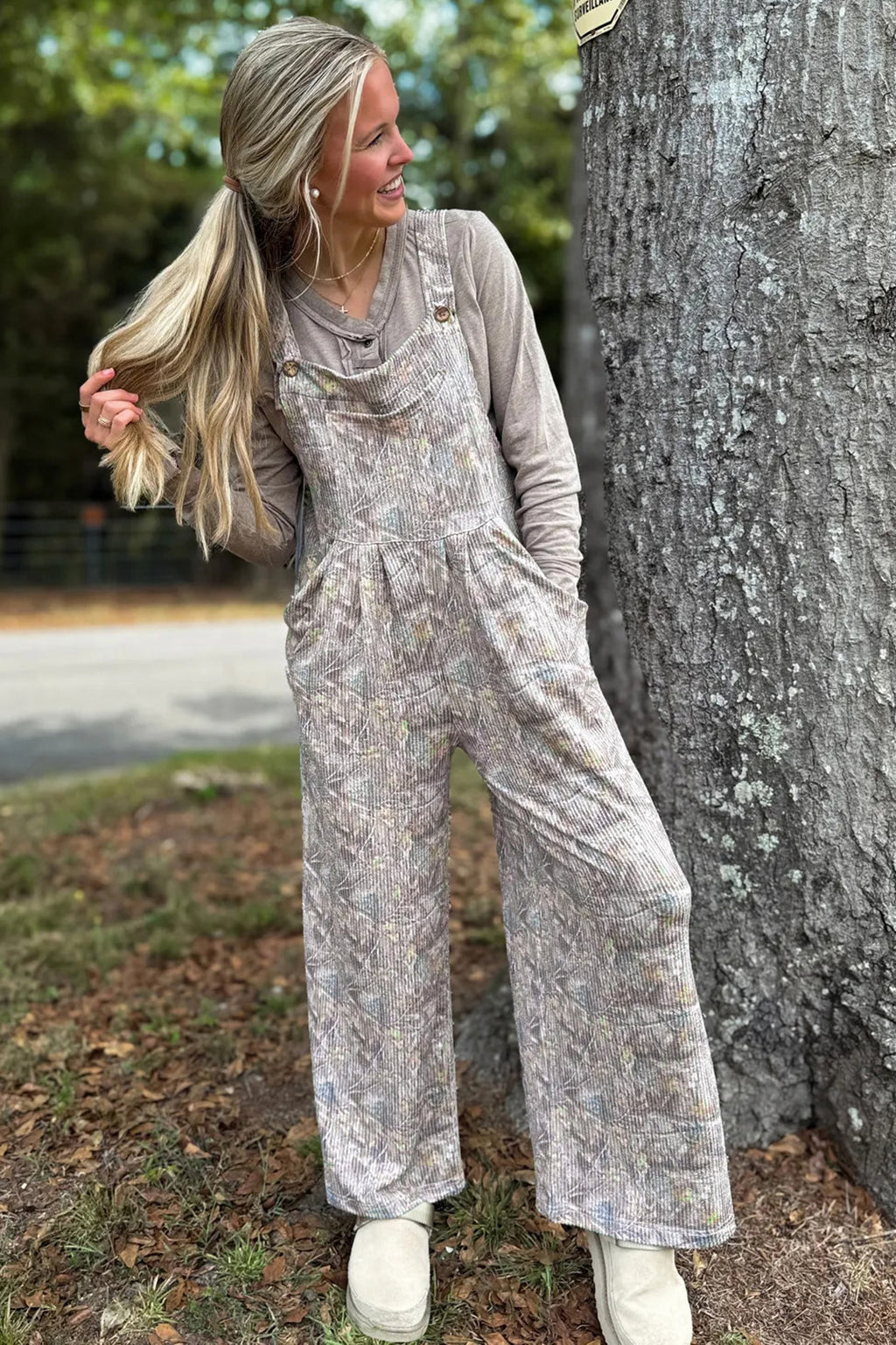 Brown Camouflage Twist Ribbed Sleeveless Full-Length Casual Jumpsuit
