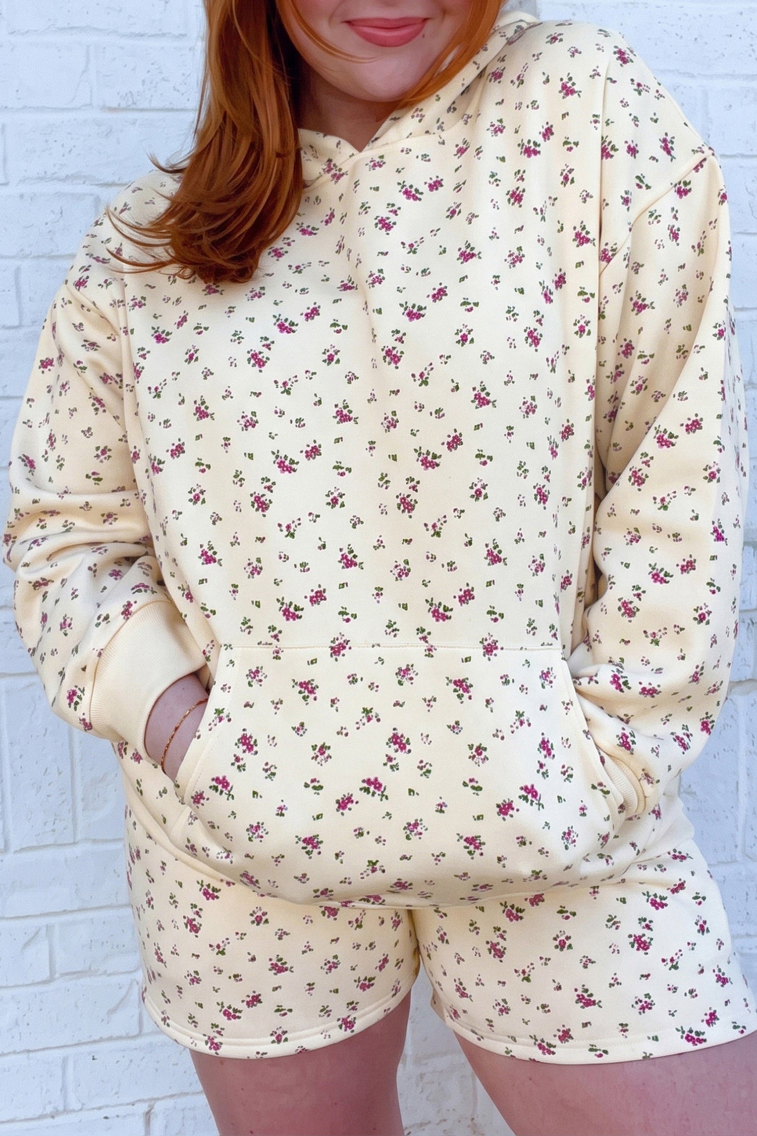 Beige Floral Print Hooded Long Sleeve Plus Size Set