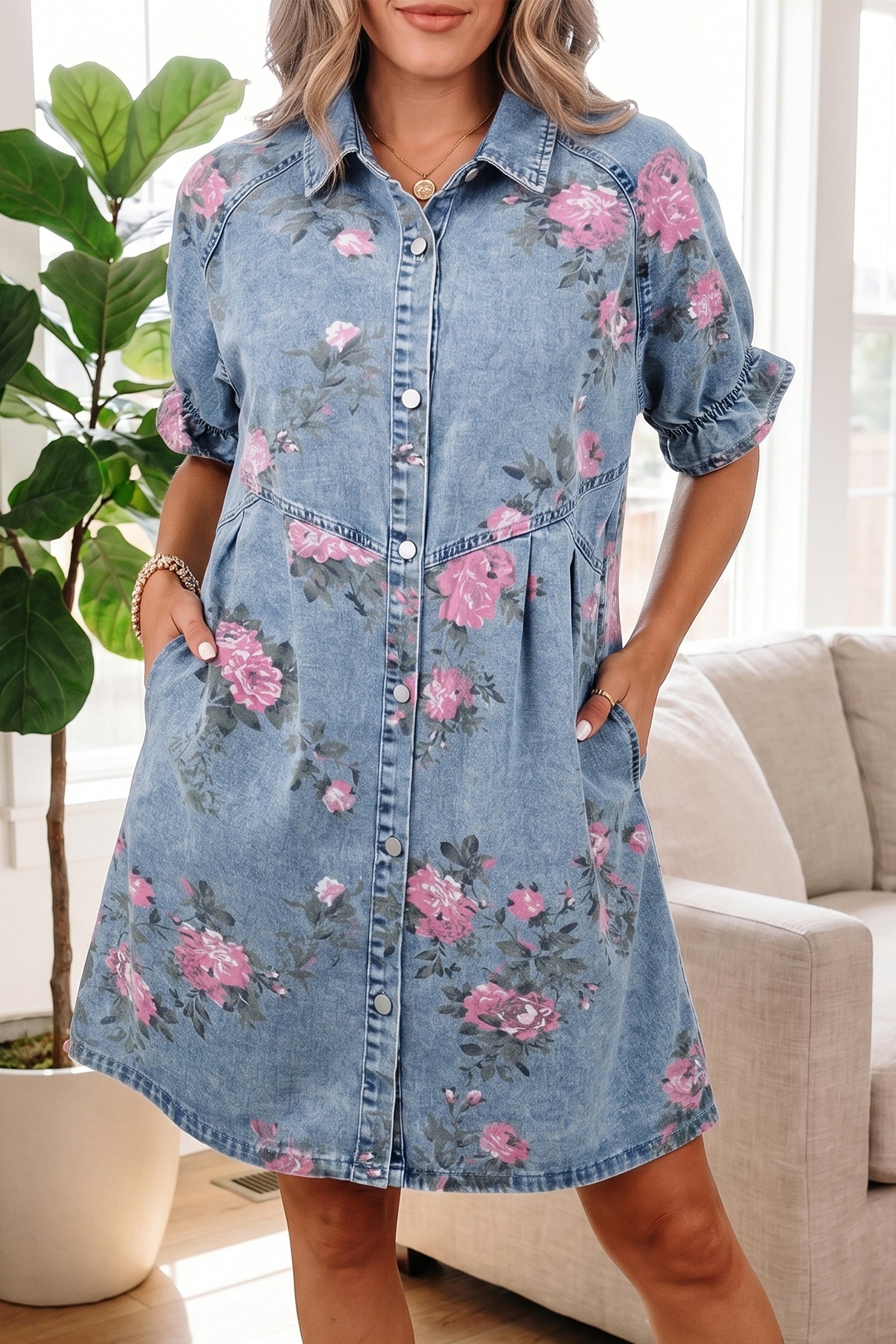 Sky Blue Floral Print Denim Short Sleeve Button Down Dress