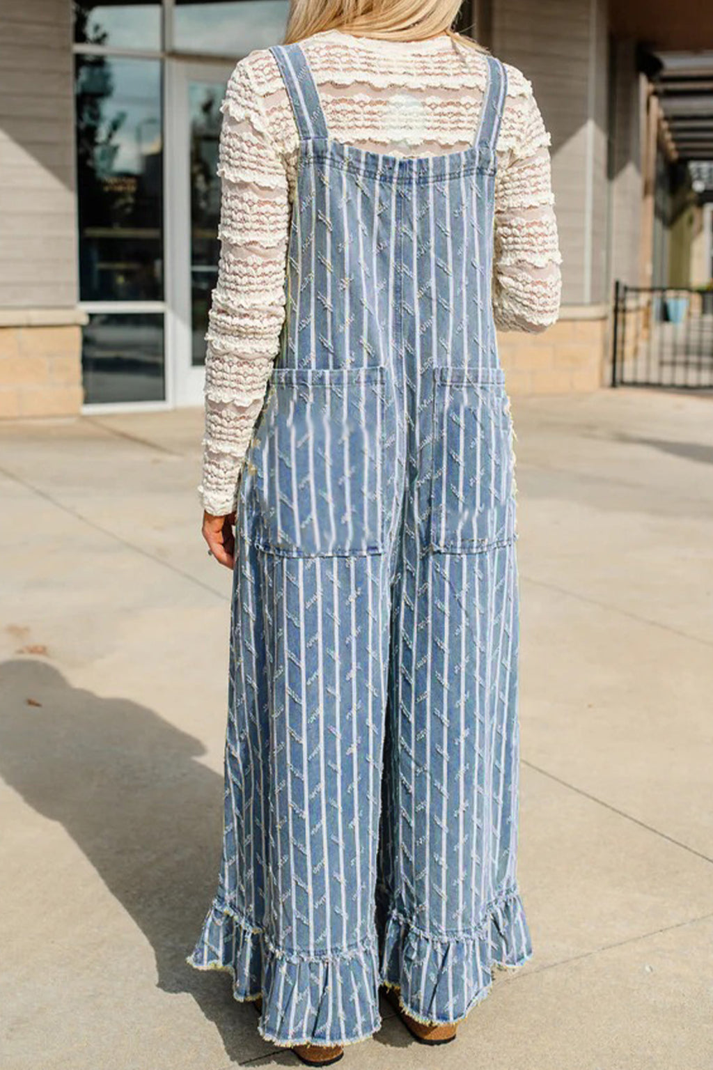 Myosotis Striped Distressed Ruffled Wide Leg Denim Overalls