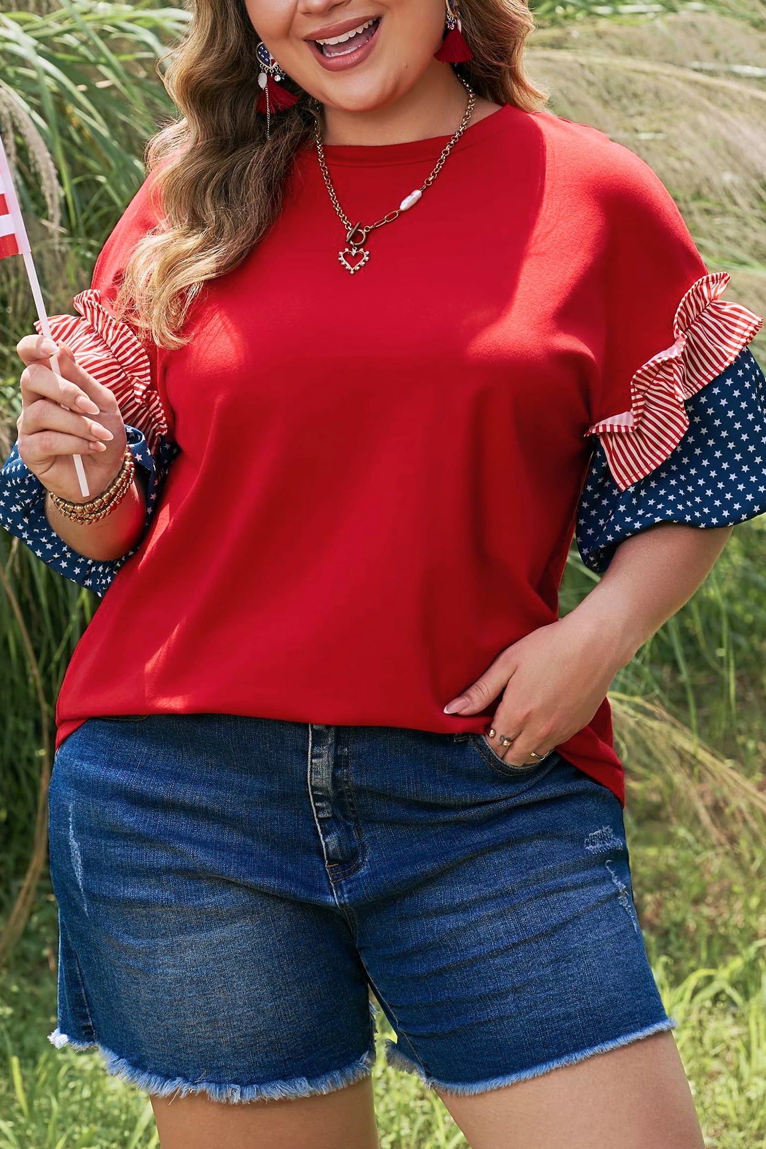 Fiery Red Plus Size Striped Ruffles Star Short Bubble Sleeve Patchwork Top
