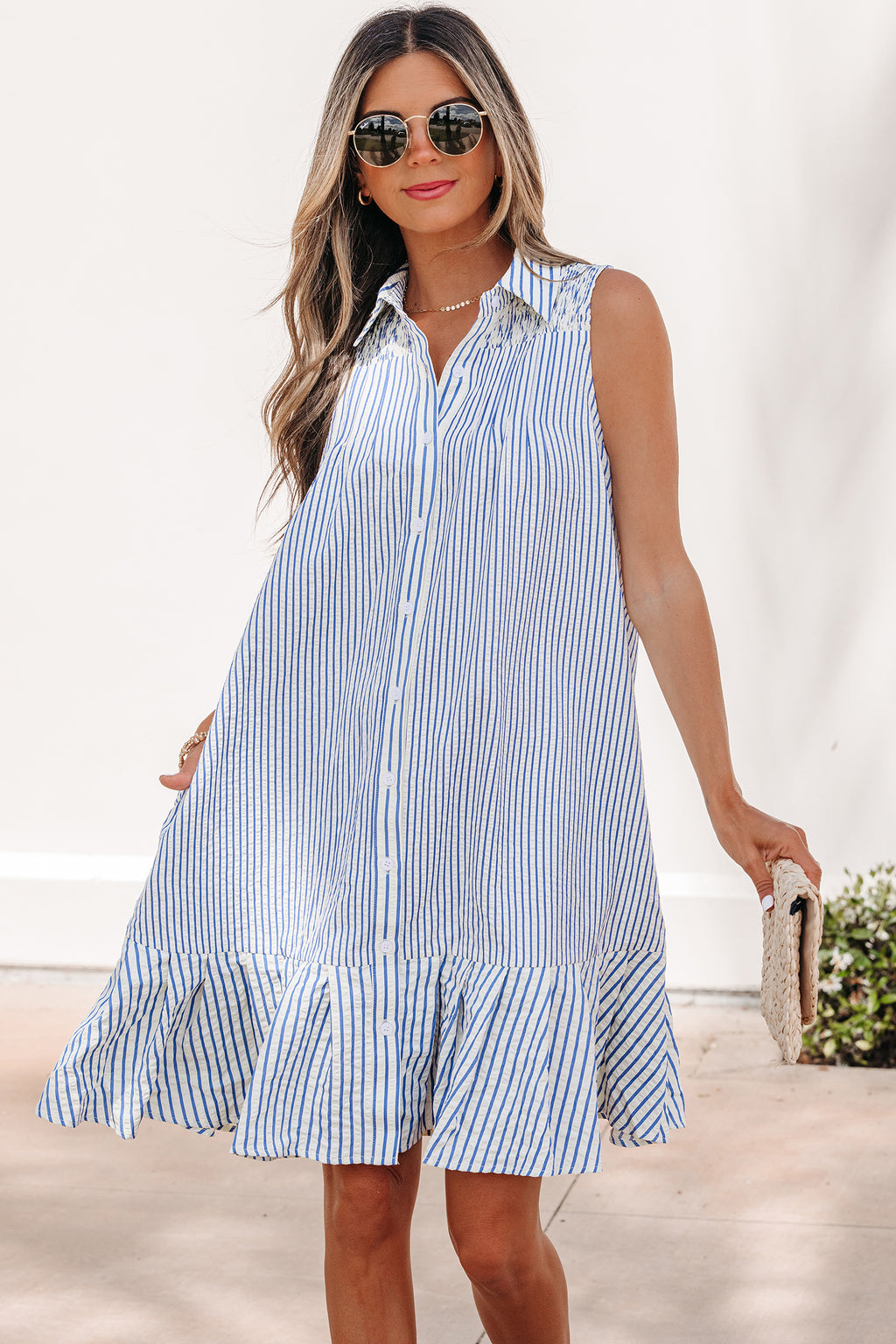 Sky Blue Stripe Shirt Collar Shirred Detail Ruffle Hem Sleeveless Dress