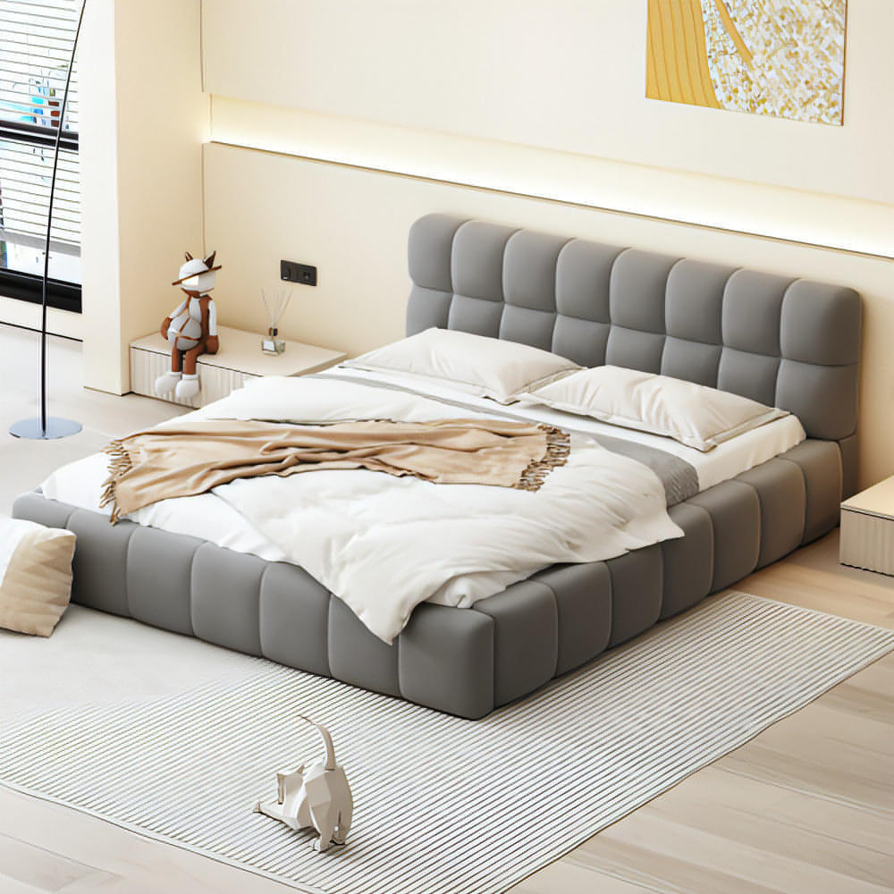 LuneluX_Home – 81.7" Upholstered Double Bed with Soft Linen Backrest (Gray)