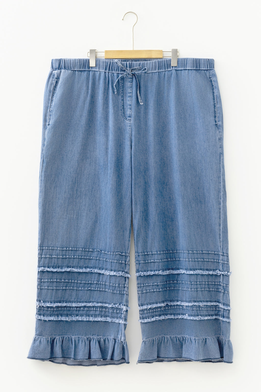 Dusk Blue Tiered Raw Edge Ruffled Plus Size Wide Leg Denim Pants