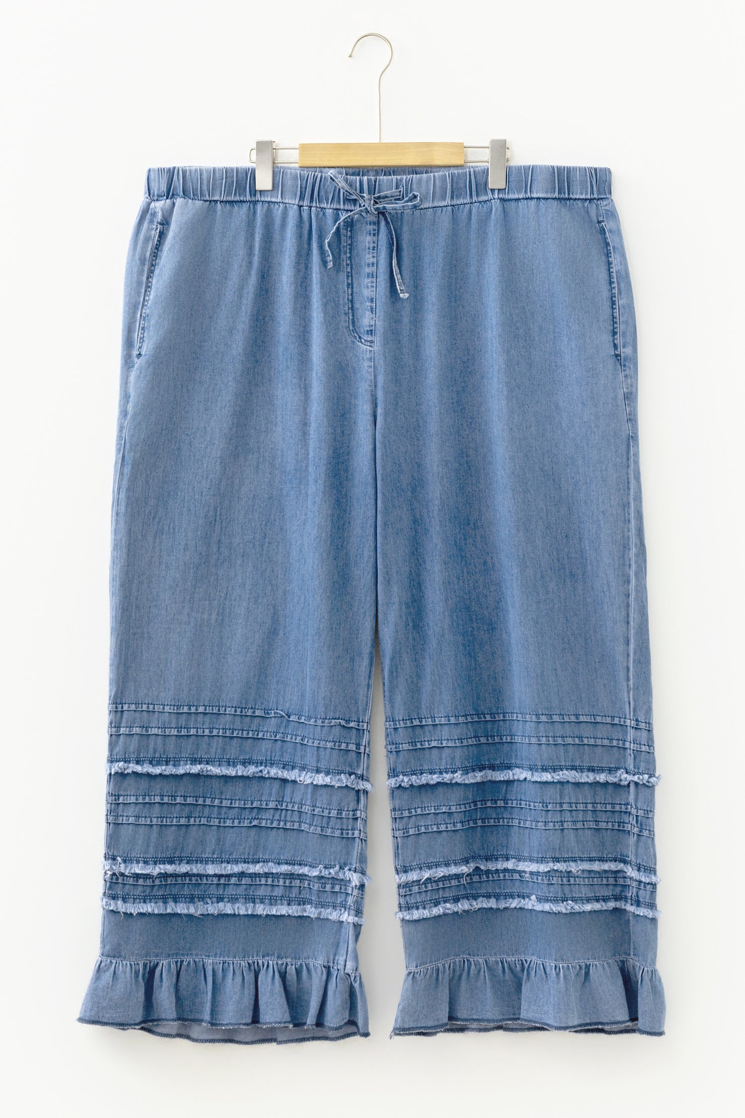 Dusk Blue Tiered Raw Edge Ruffled Plus Size Wide Leg Denim Pants