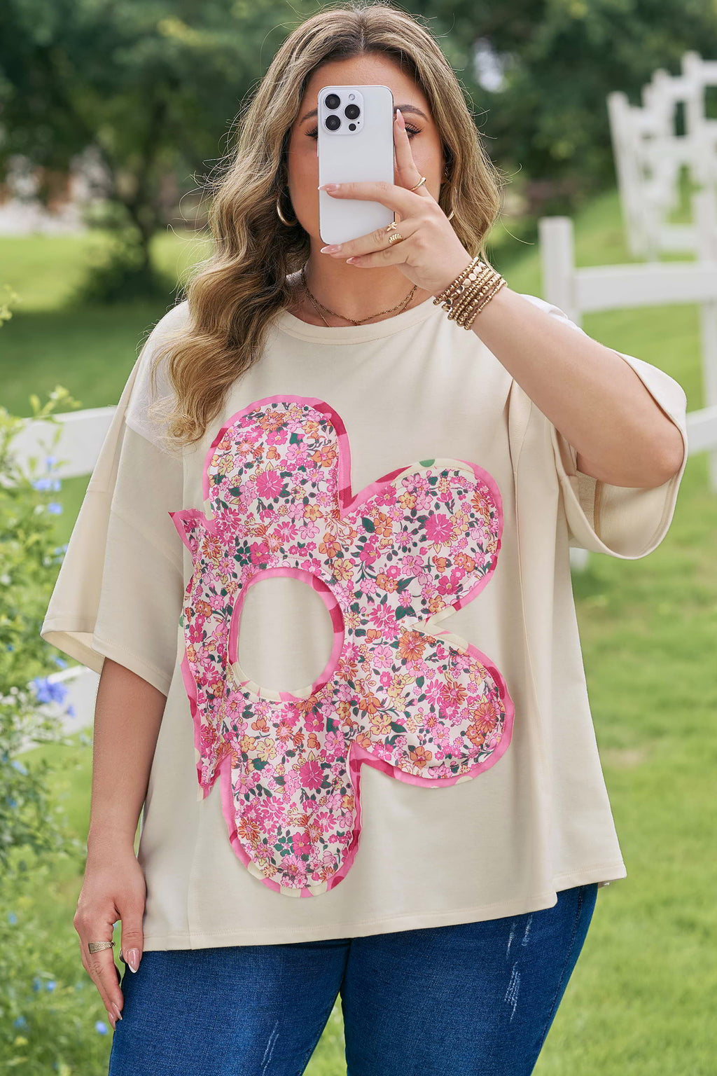 Jet Stream Big Flower Patched Plus Size Tunic T-Shirt